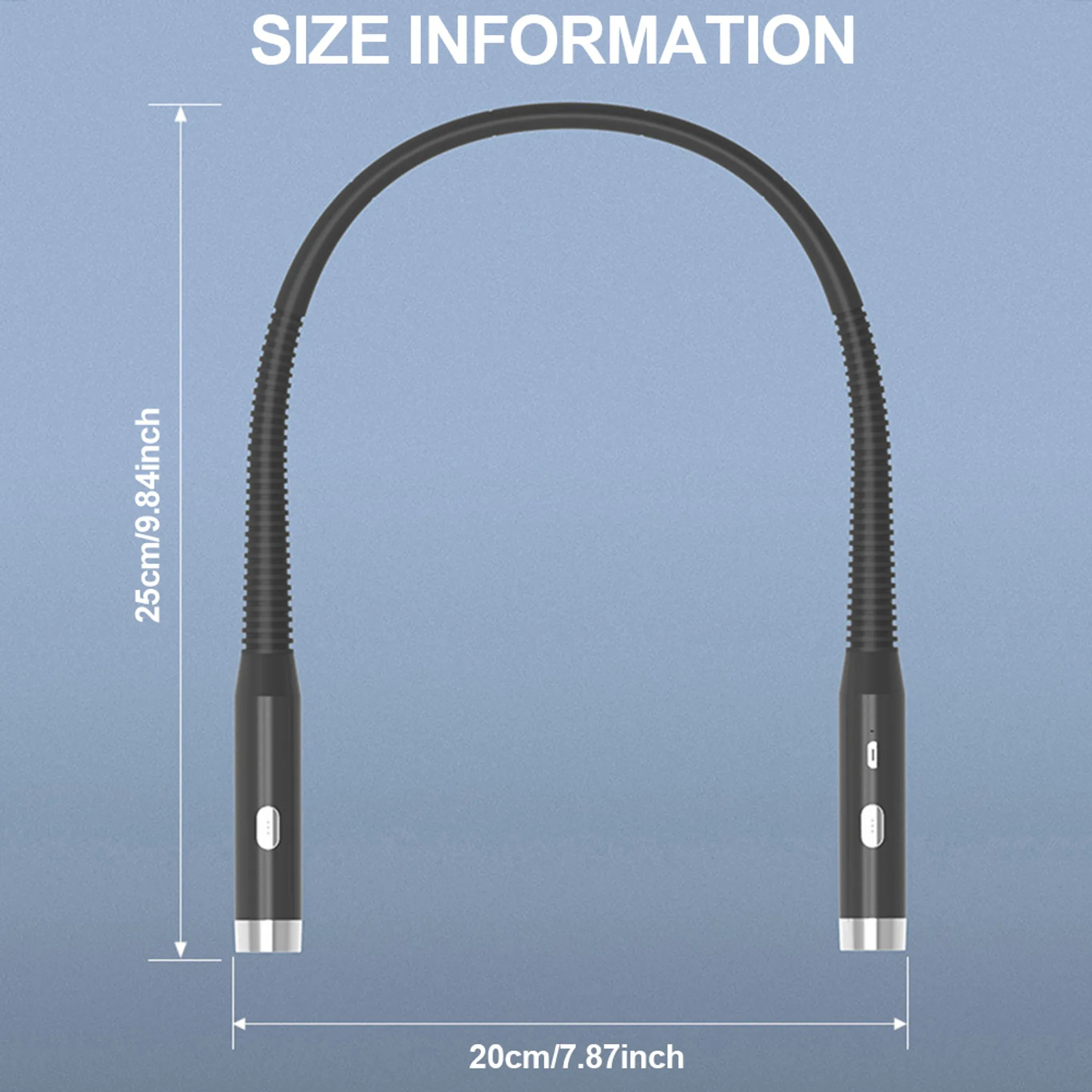 Eine flexible schwarze LED-Leuchte mit Größenangaben. Sie zeigt die Abmessungen als 25 cm/9,84 Zoll und 20 cm/7,87 Zoll.