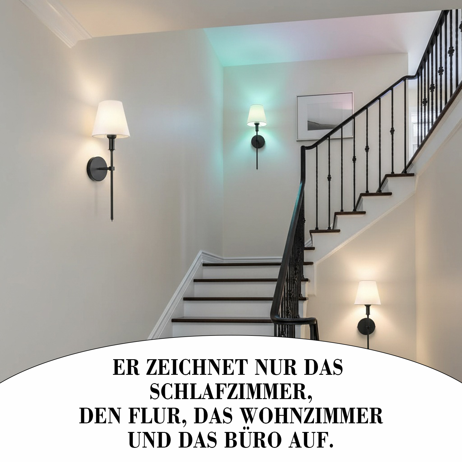 Eine Treppe mit weißen Wänden, schwarzen Geländern und Lampen. Text unten auf Deutsch.
