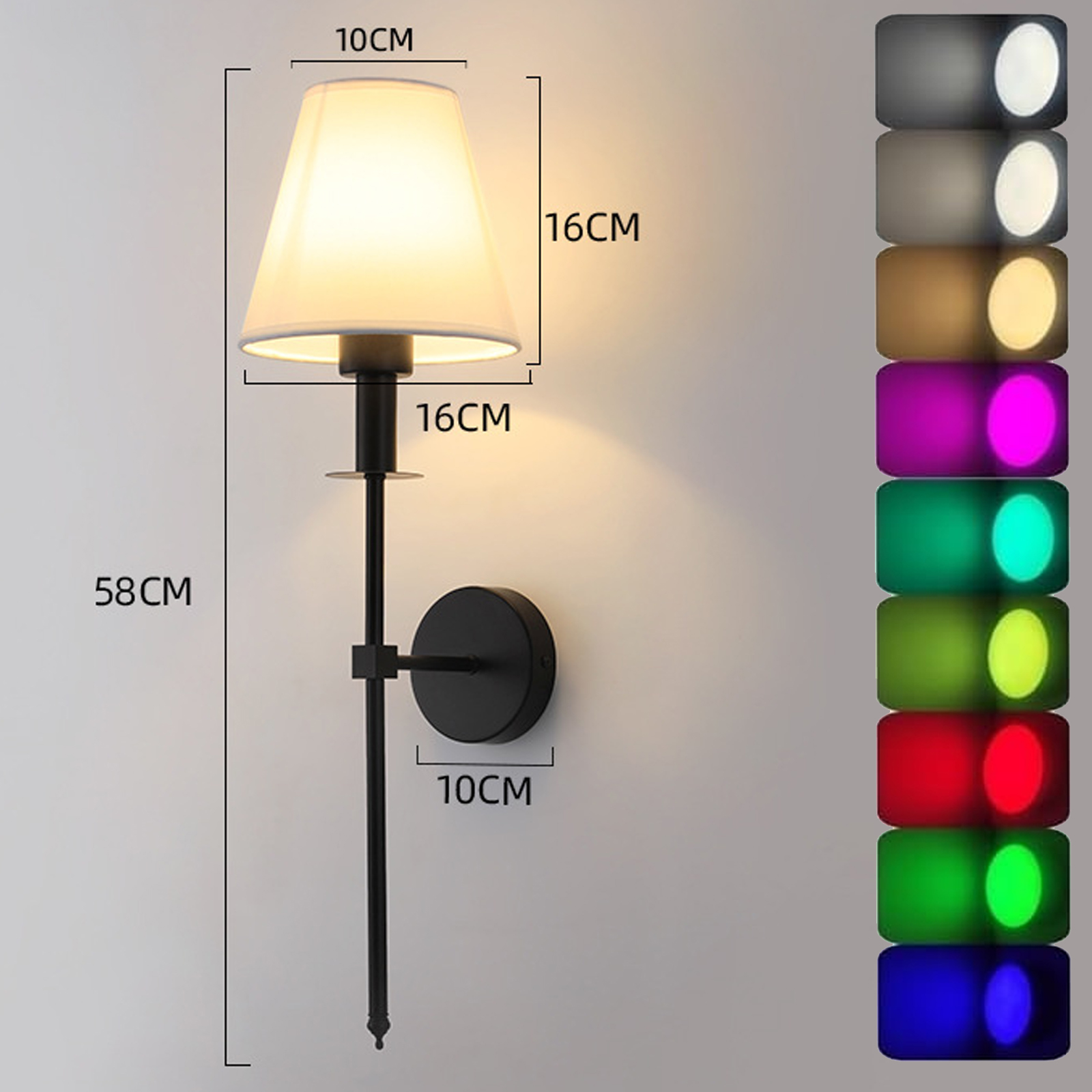 Eine Wandlampe mit weißem Lampenschirm und schwarzer Stange. Daneben gibt es Farbvariationen des Lichts.