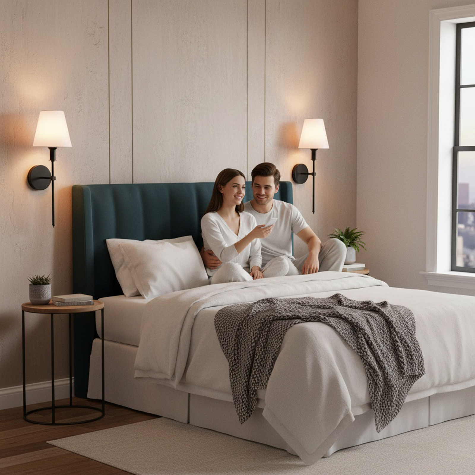 Ein Paar sitzt auf einem Bett und schaut auf ein Gerät. Das Zimmer hat Lampen, ein Fenster und eine Pflanze.