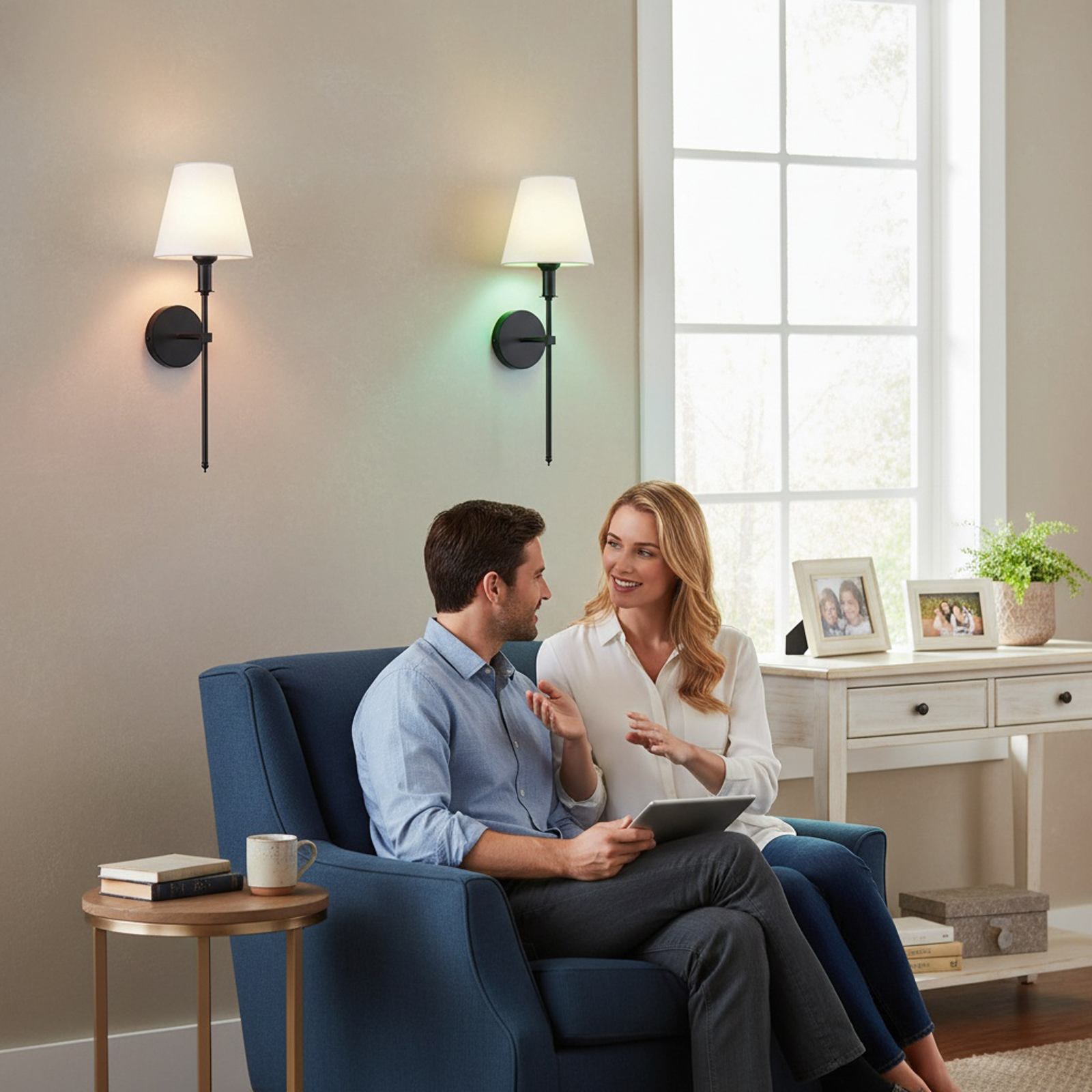 Ein Paar sitzt auf einem blauen Sofa und diskutiert, während es auf ein Tablet schaut. Zwei Lampen sind an der Wand. Im Hintergrund ist ein Fenster.