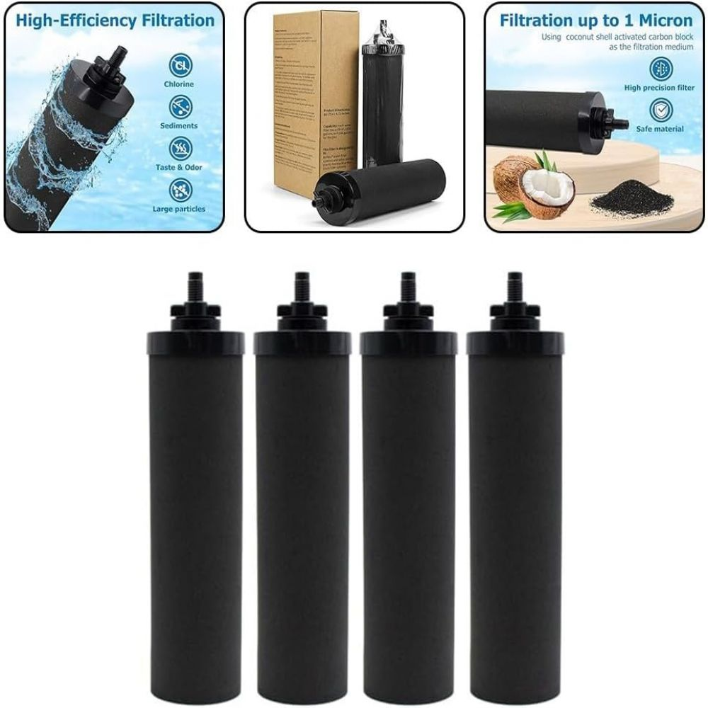 Das Bild zeigt Wasserfilterpatronen, Kokosnuss und Text über Filtrationseffizienz, Entfernung von Chlor, Sedimenten, Geschmack und Geruch.