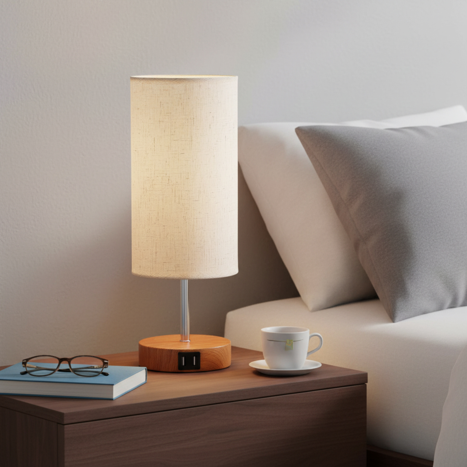 Ein Nachttisch mit Lampe, Buch, Brille und Tasse Tee. Dahinter Kissen und Bettkante.