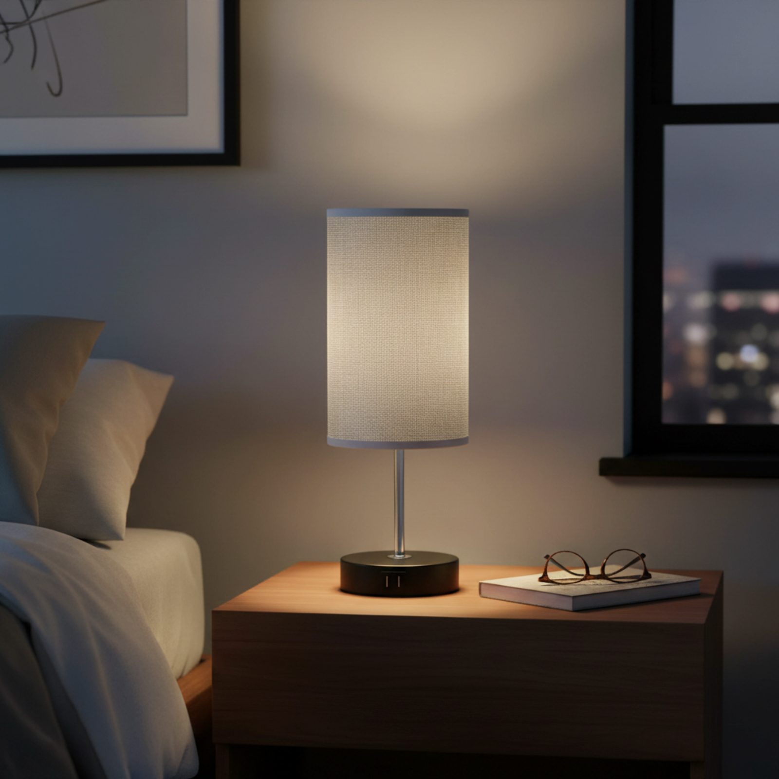 Eine beleuchtete Lampe auf einem Nachttisch mit Brille und Buch. Ein Bett und ein Fenster mit Stadtlichtern sind im Hintergrund.
