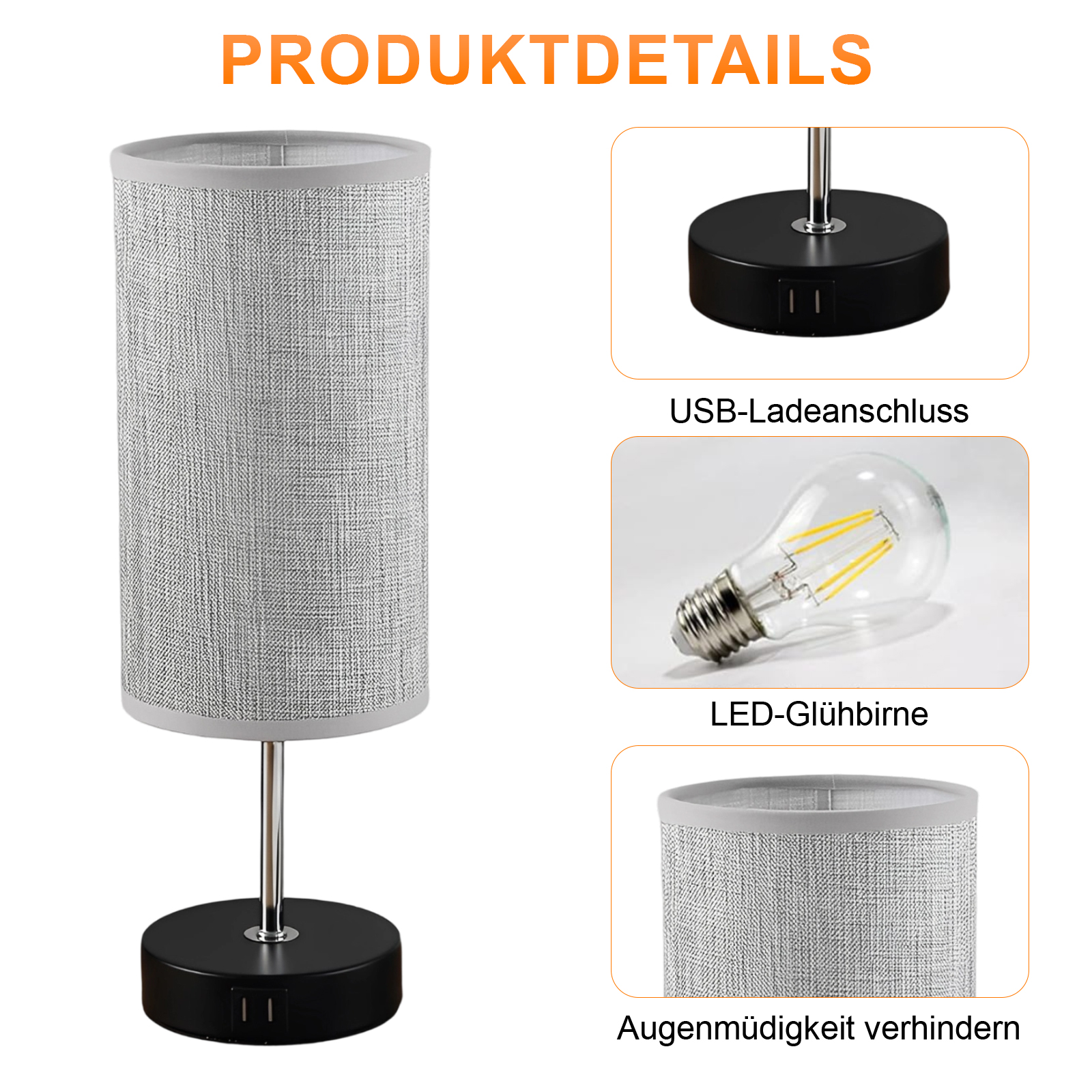 Eine Tischlampe mit grauem Stoffschirm und schwarzem Fuß, mit USB-Anschlüssen. Eine LED-Glühbirne ist ebenfalls abgebildet.