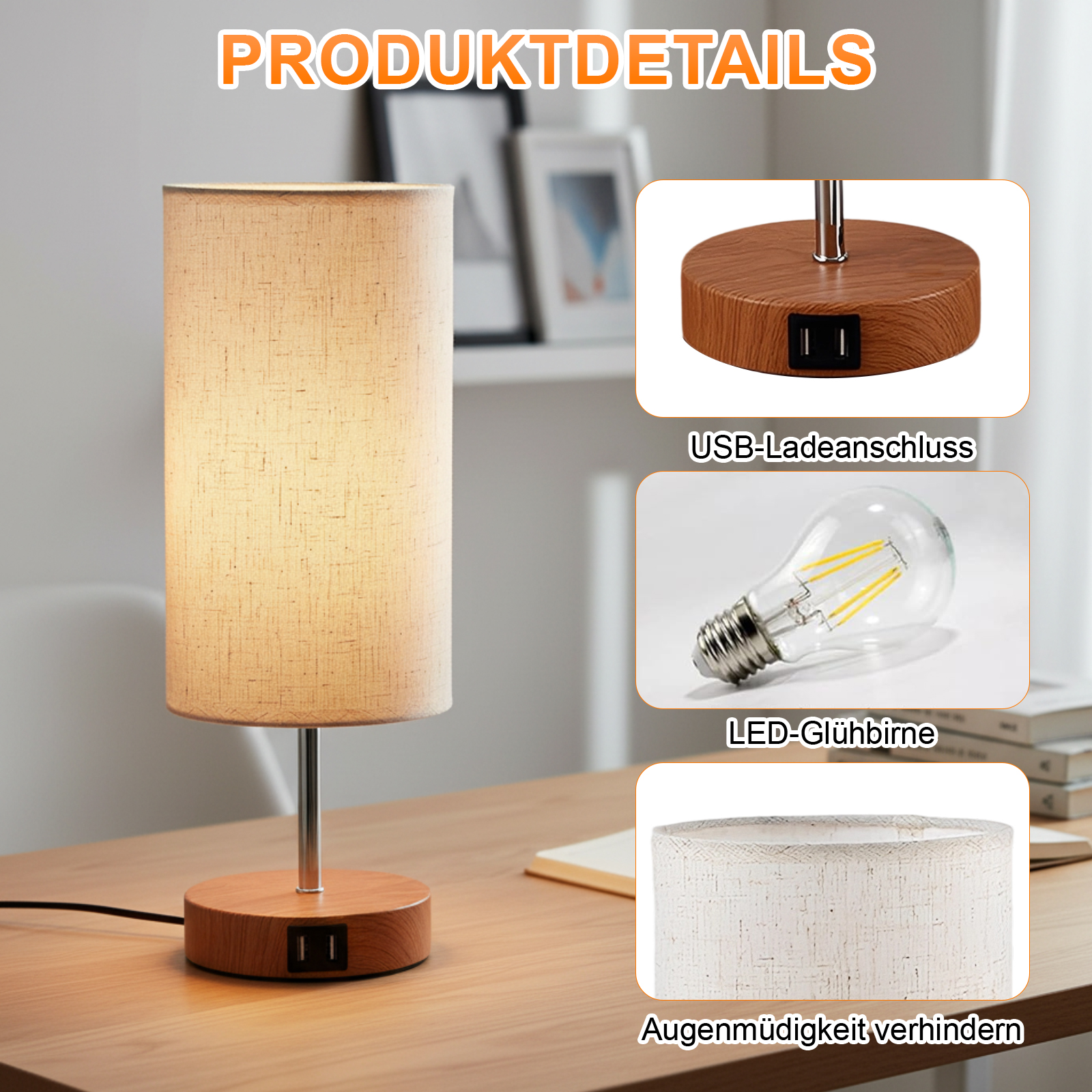 Eine beige Lampe mit Holzsockel und USB-Anschlüssen. Details zeigen die Glühbirne, den Sockel und den Lampenschirm.