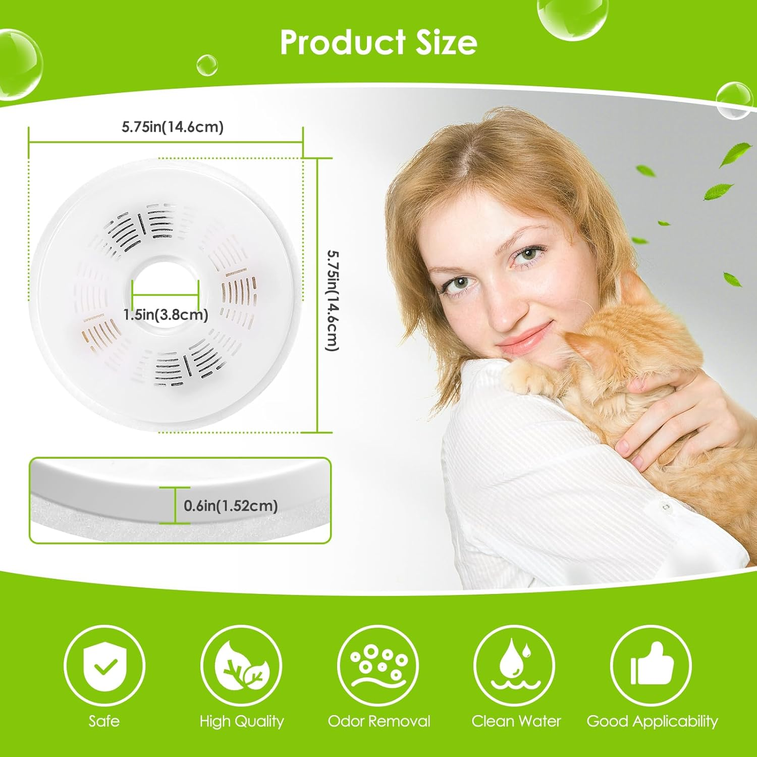Eine Frau hält eine orangefarbene Katze. Links ist eine Produktgrößenskizze. Symbole unten: sicher, hohe Qualität, Geruchsbeseitigung, sauberes Wasser und gute Anwendbarkeit.