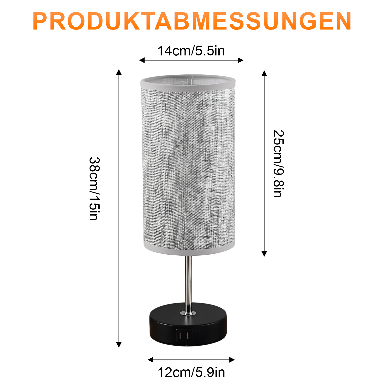 Eine Tischlampe mit abgebildeten Abmessungen. Sie hat einen grauen Lampenschirm, einen schwarzen Sockel und einen silbernen Stiel.