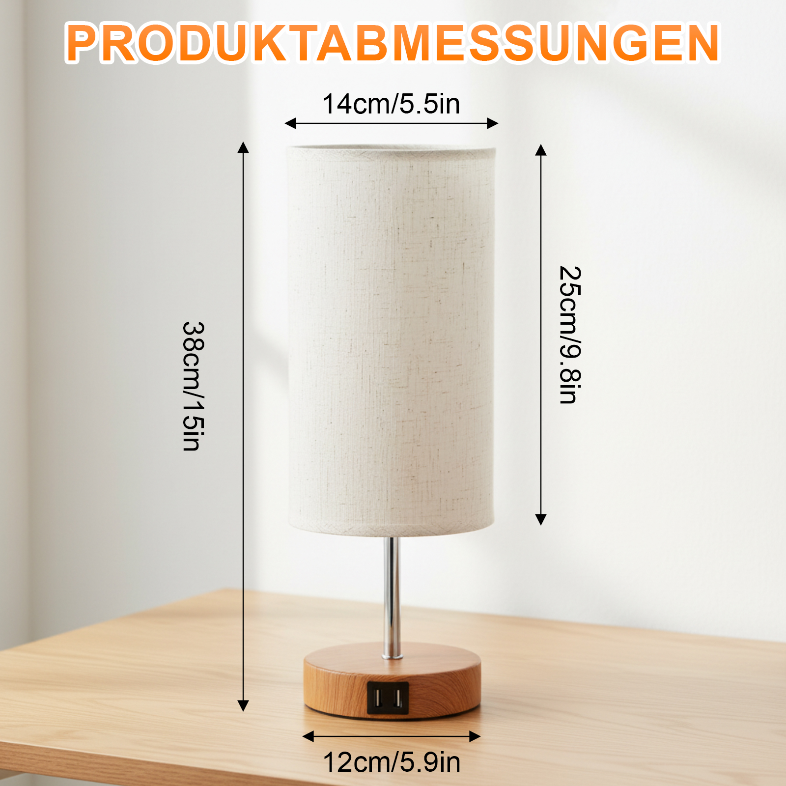 Ein beiger Lampenschirm steht auf einem Holzsockel. Abmessungen: 14cm/5,5in, 38cm/15in und 25cm/9,8in, 12cm/5,9in.