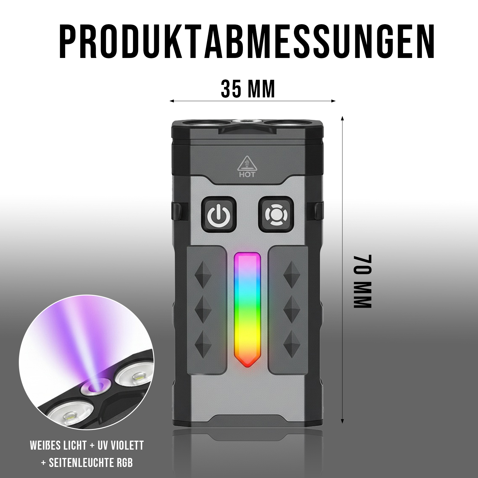 Ein rechteckiges Gerät mit Knöpfen und einem Lichtstreifen, Abmessungen angegeben. Merkmale: Weißes Licht, UV-Violett und RGB-Seitenlichter.