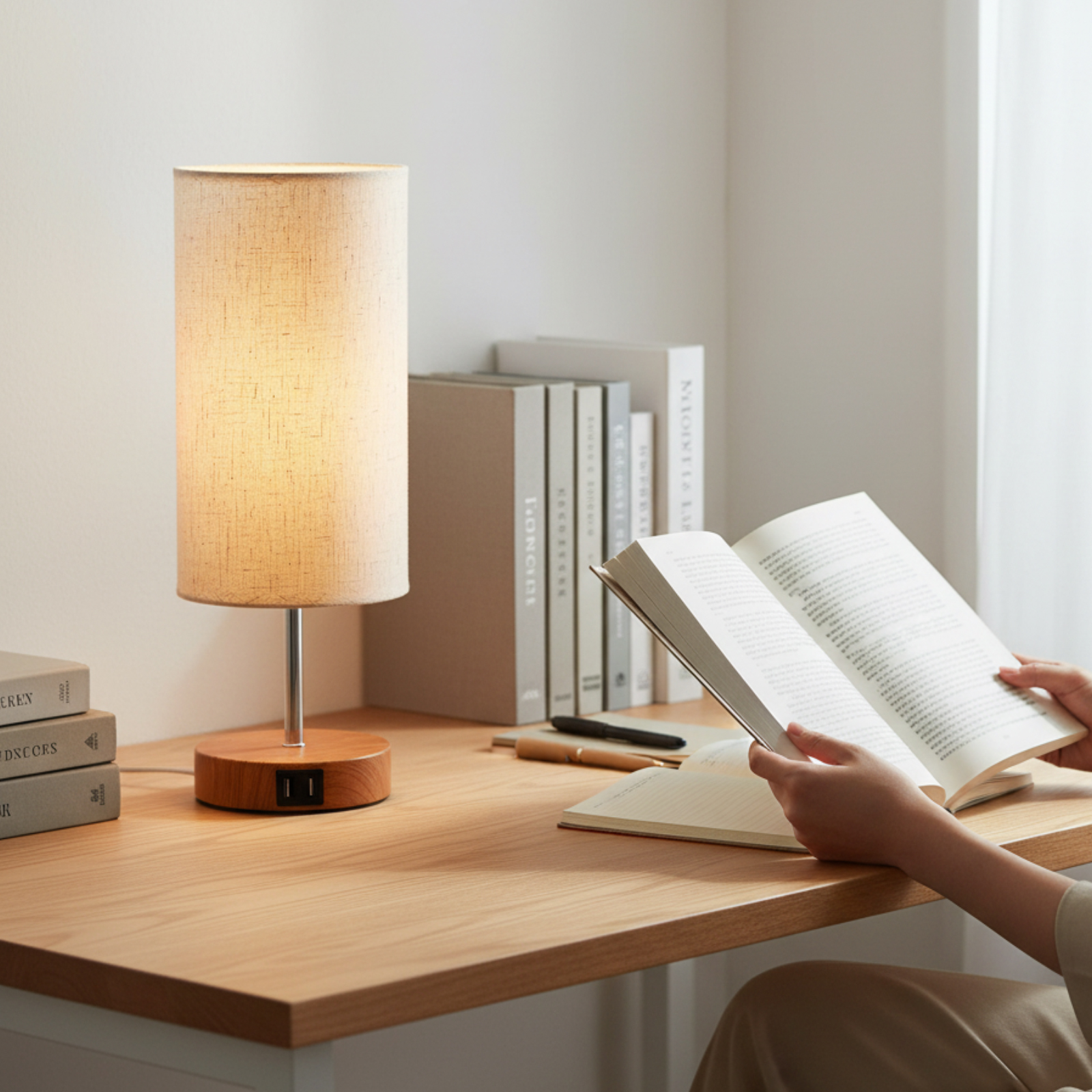 Ein Schreibtisch mit Lampe und Büchern. Eine Person liest ein Buch. Die Lampe hat einen Holzfuß und einen Stoffschirm.