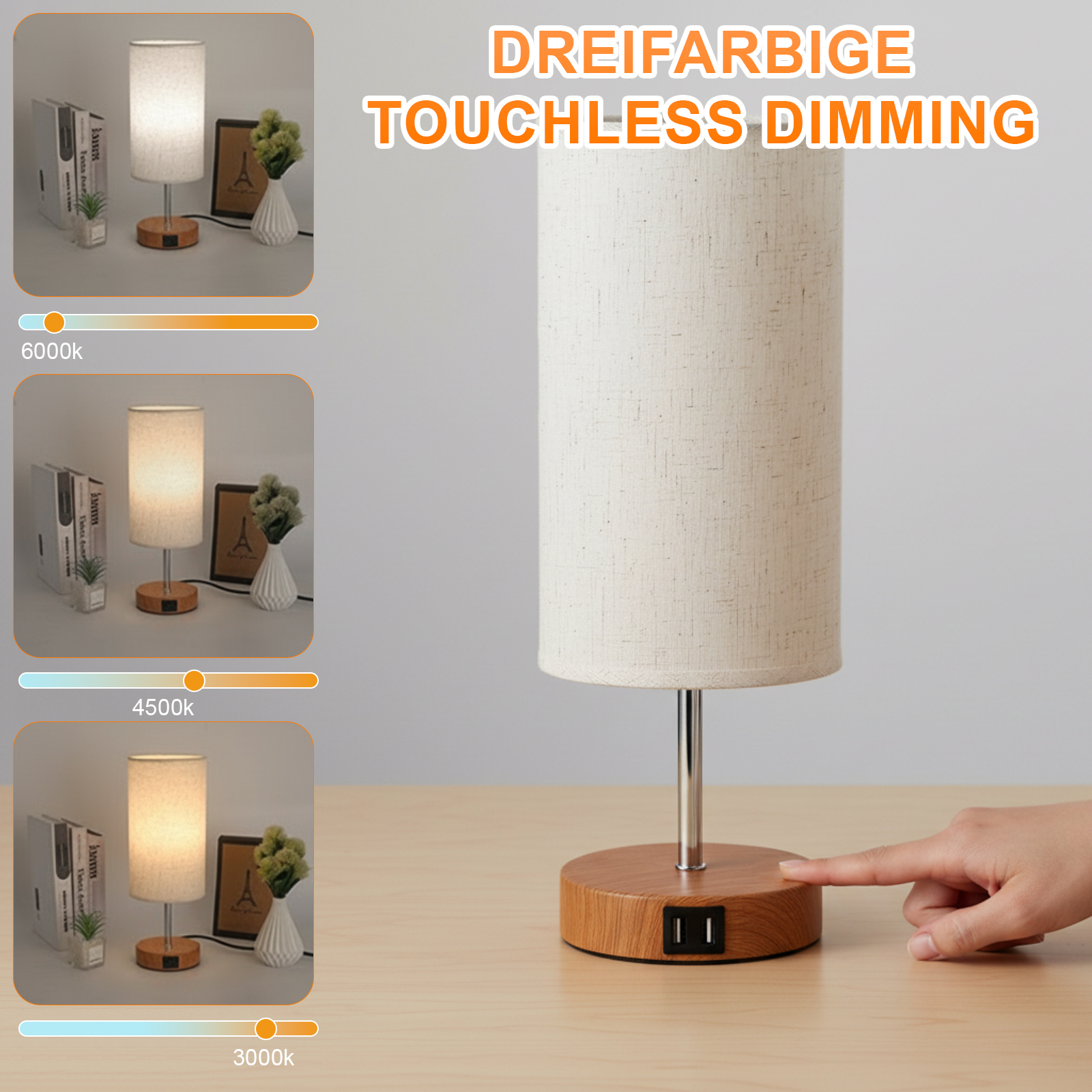 Eine berührungslose Dimm-Lampe mit drei Lichteinstellungen. Eine Hand berührt den Holzsockel. Bücher, Pflanze und Vase sind daneben.