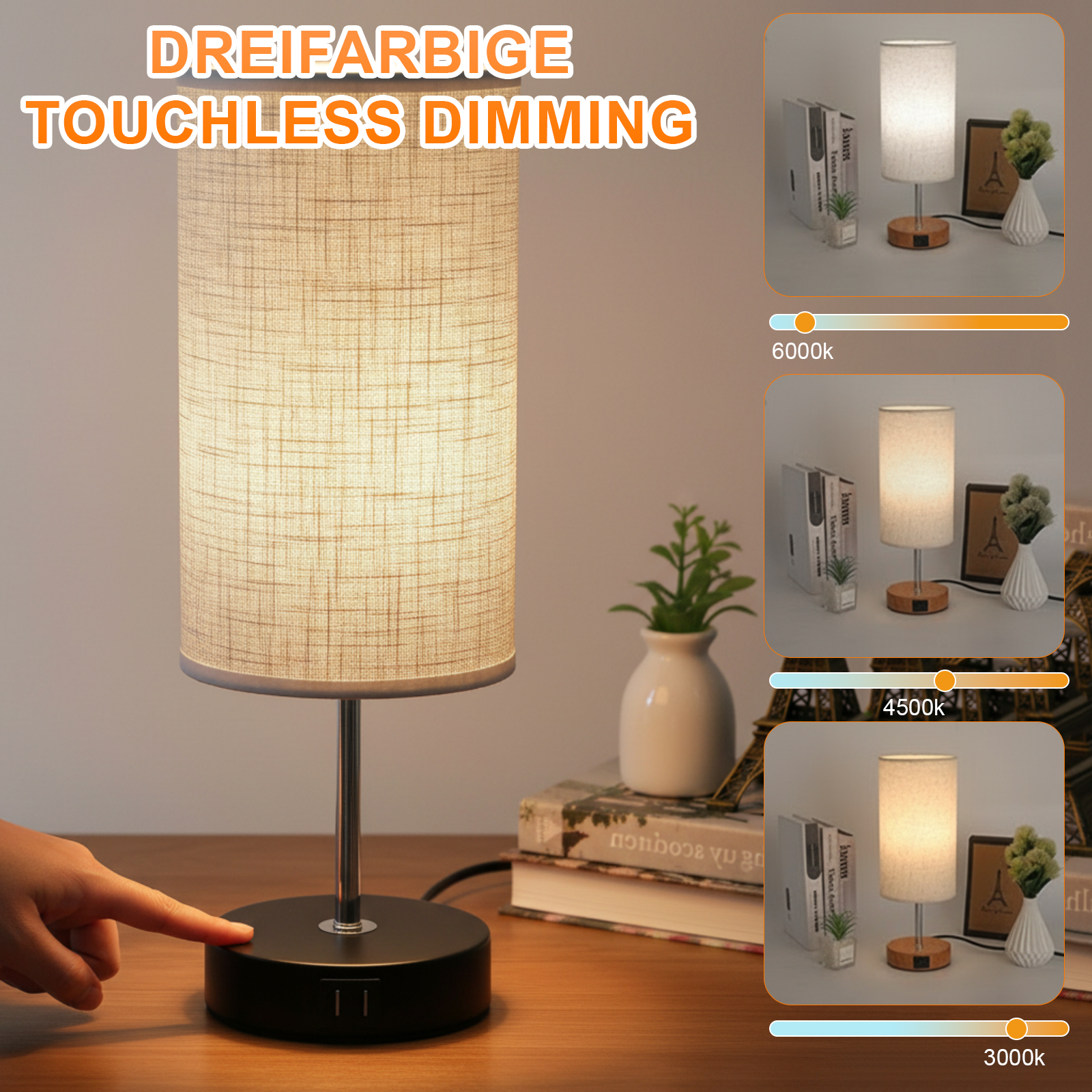 Eine berührungslose Dimm-Lampe, mit einer Hand, die die Basis berührt. Drei Lichteinstellungen sind mit unterschiedlichen Farbtemperaturen dargestellt.