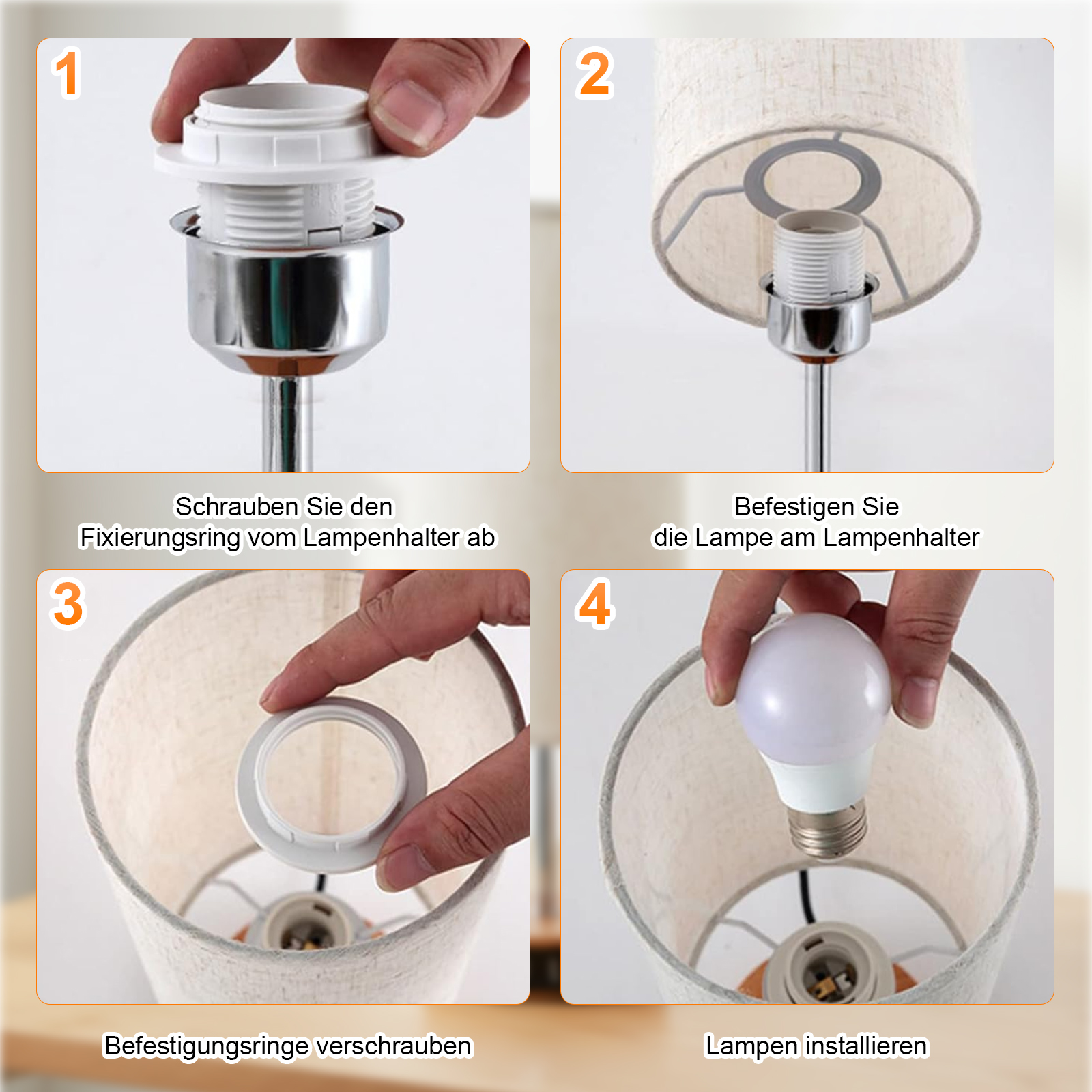 Schritte zum Zusammenbauen einer Lampe. Beinhaltet das Anbringen des Schirms, das Sichern von Teilen und das Einsetzen der Glühbirne.