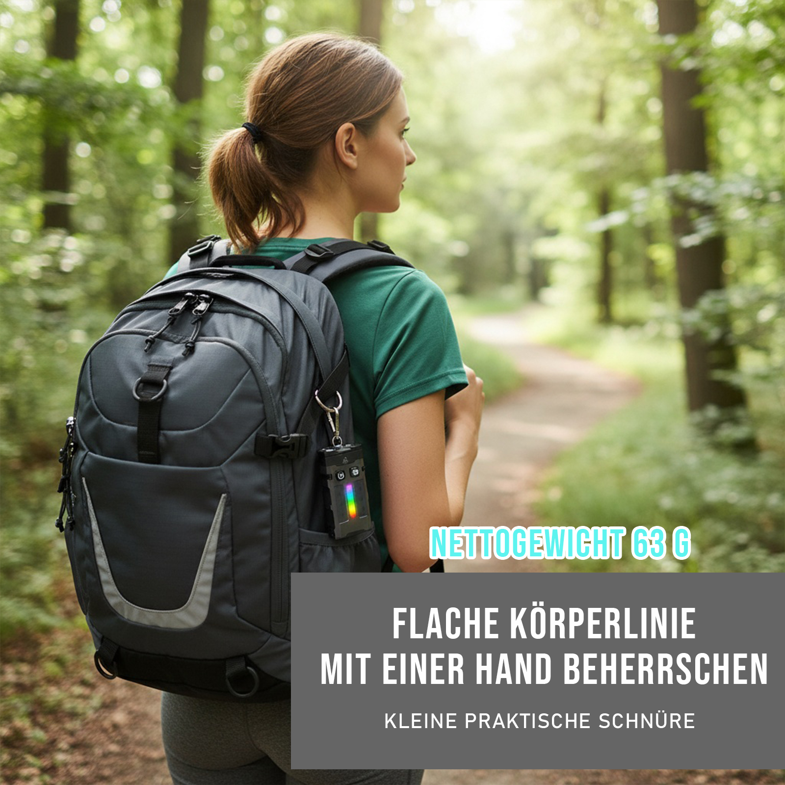 Eine Frau geht in einem Wald, mit einem Rucksack und einem Gerät. Das Gerät hat ein Regenbogenlicht. Text auf dem Bild.