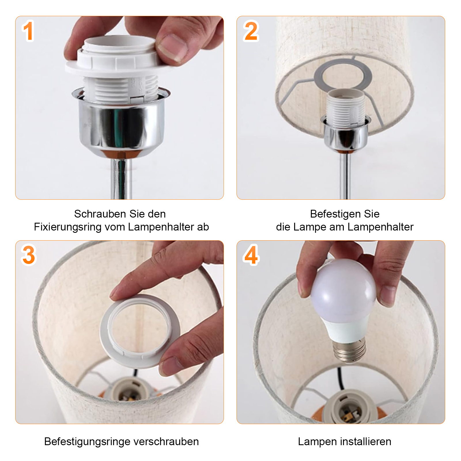 Schritte zum Zusammenbau einer Lampe. Beinhaltet das Anschrauben von Teilen, das Anbringen der Lampe und das Einsetzen der Glühbirne.