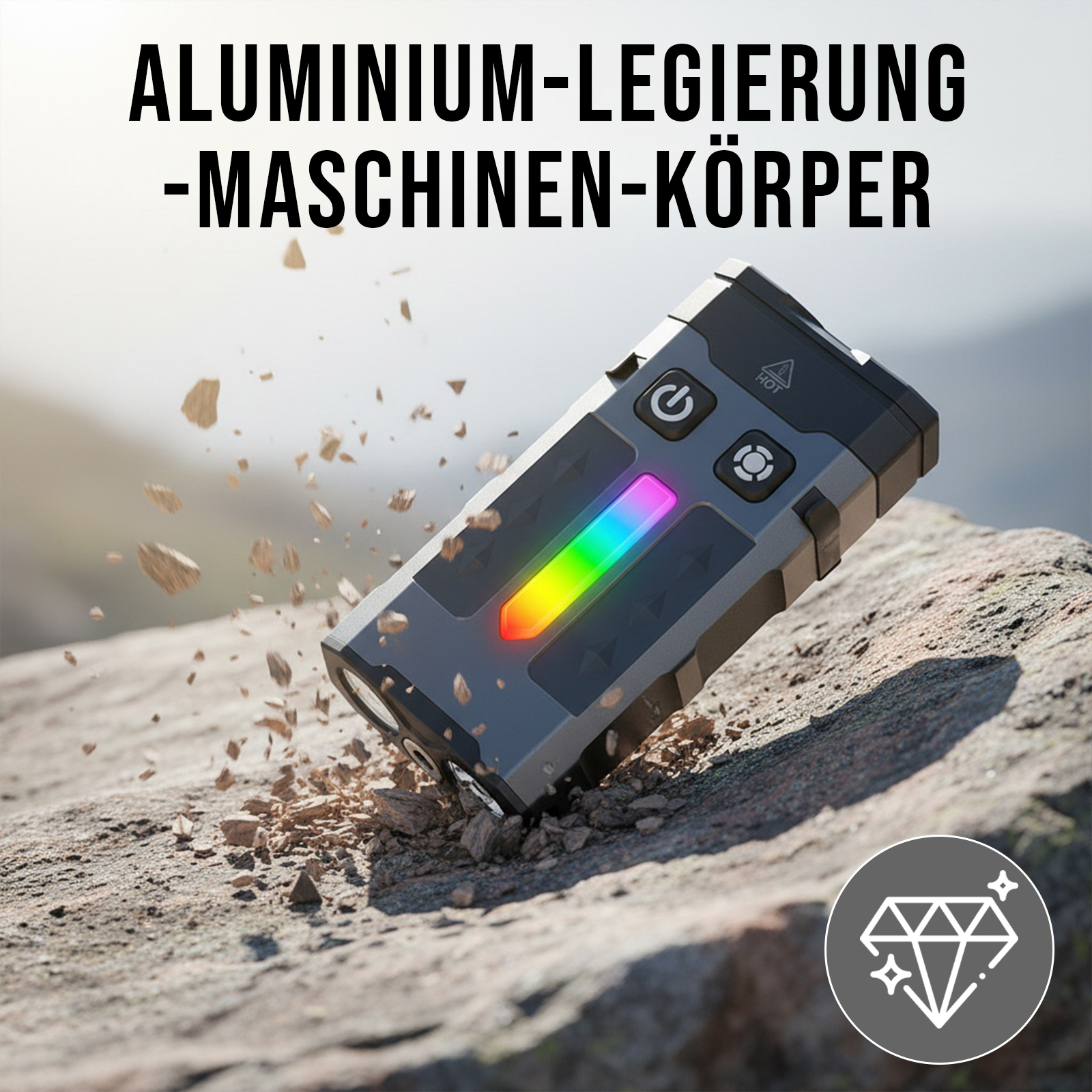 Graue Taschenlampe mit farbigem Licht, liegt auf einem Felsen mit Trümmern. Text: ALUMINIUM-MASCHINEN-KÖRPER.