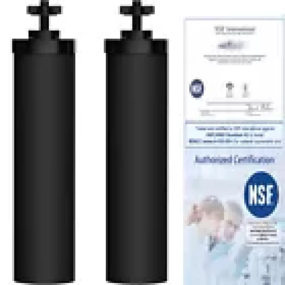 Zwei schwarze Wasserfilter mit Kreuzspitzen neben einem weißen NSF-Zertifizierungspapier.