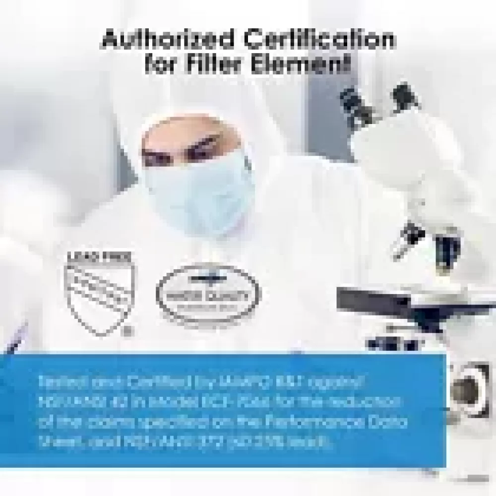 Person in weißem Anzug und Maske, neben Mikroskop. Text: "Authorized Certification for Filler Element" und "Lead Free".