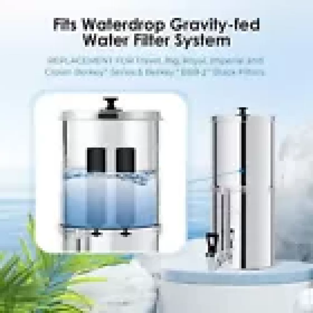 Das Bild zeigt ein Wasserfiltersystem. Zwei Filter sind sichtbar, einer mit Wasser. Text oben lautet: 'Fits Waterdrop...'