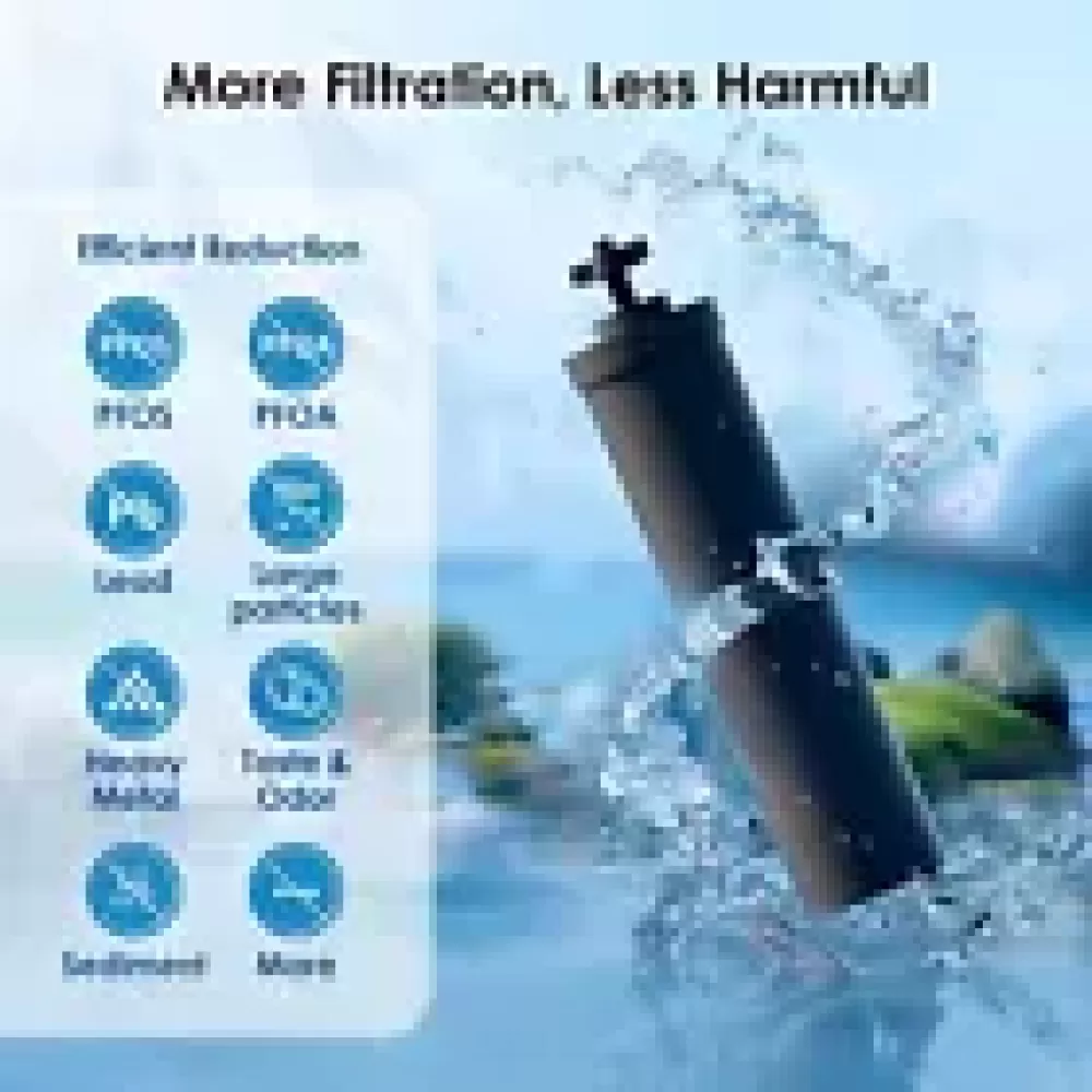 Ein Wasserfilter mit spritzendem Wasser. Text sagt 'Mehr Filtration, weniger schädlich' und listet reduzierte Schadstoffe auf.