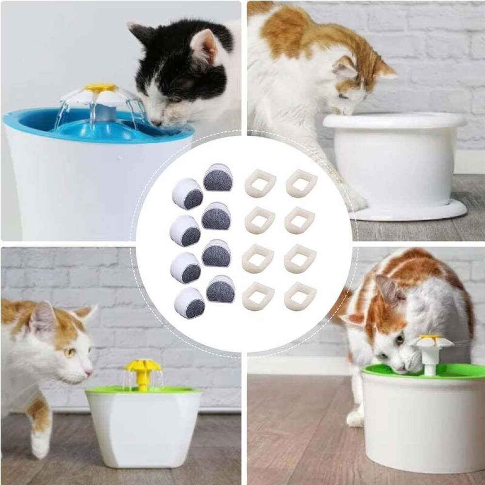 Katzen trinken aus Wasserfontänen. Filter und Ersatzringe sind in der Mitte. Schwarz-weiße und orange-weiße Katzen.
