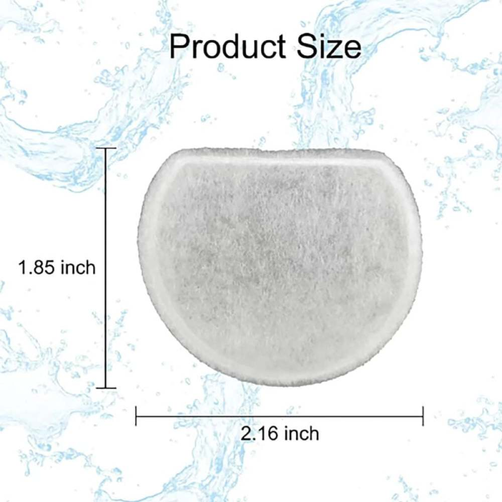 Ein weißer, oval geformter Filter. Text zeigt Produktgröße: 1,85 Zoll mal 2,16 Zoll. Wasser-Themenhintergrund.