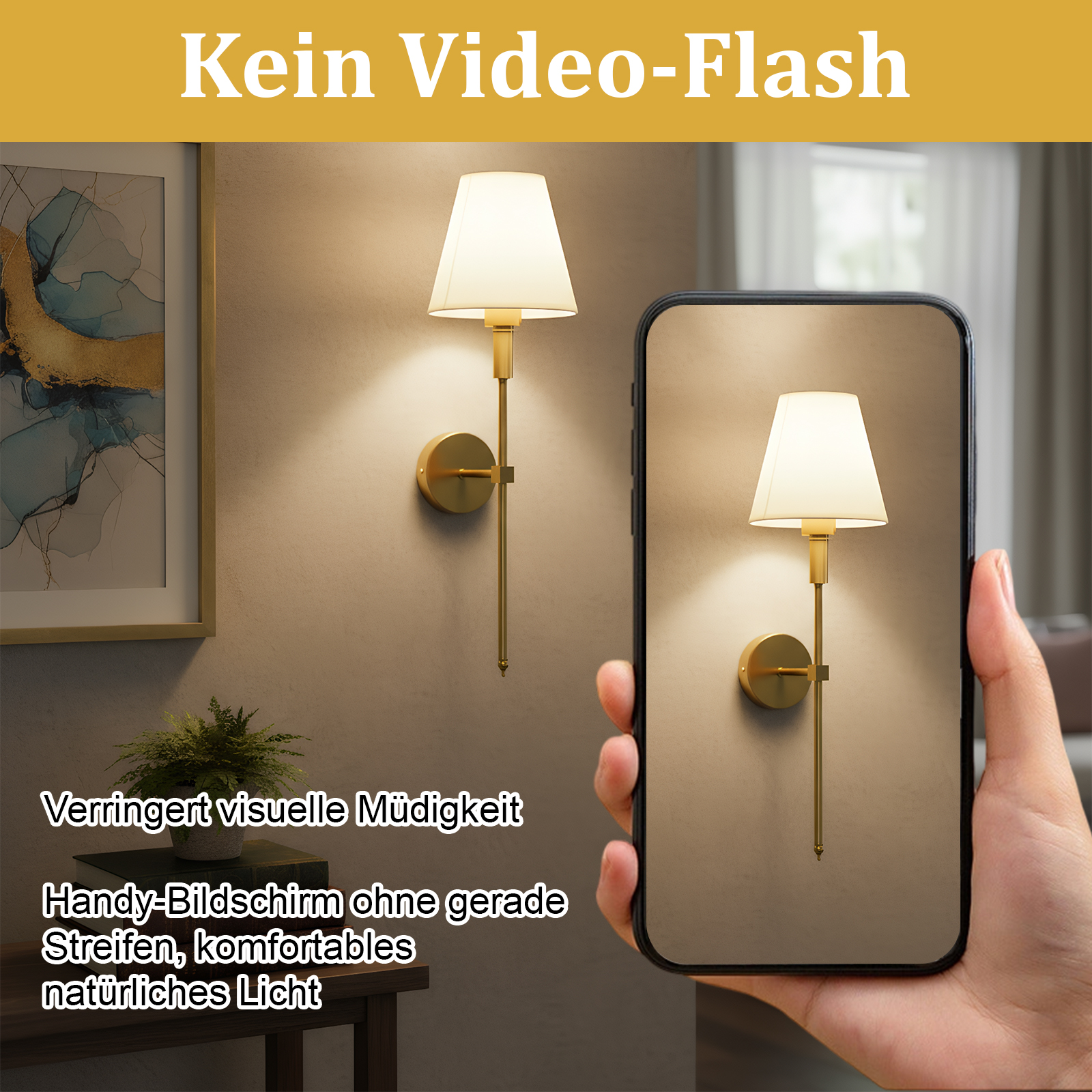 Eine Hand hält ein Telefon mit einer Wandlampe. Eine weitere Wandlampe befindet sich an der Wand. Die Szene ist warm beleuchtet.