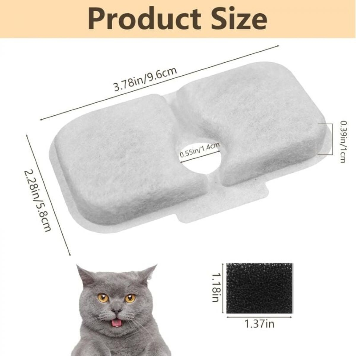 Das Bild zeigt eine Katze und Produktdetails. Maße für einen Filter sind angegeben, und eine Katze befindet sich unten links.