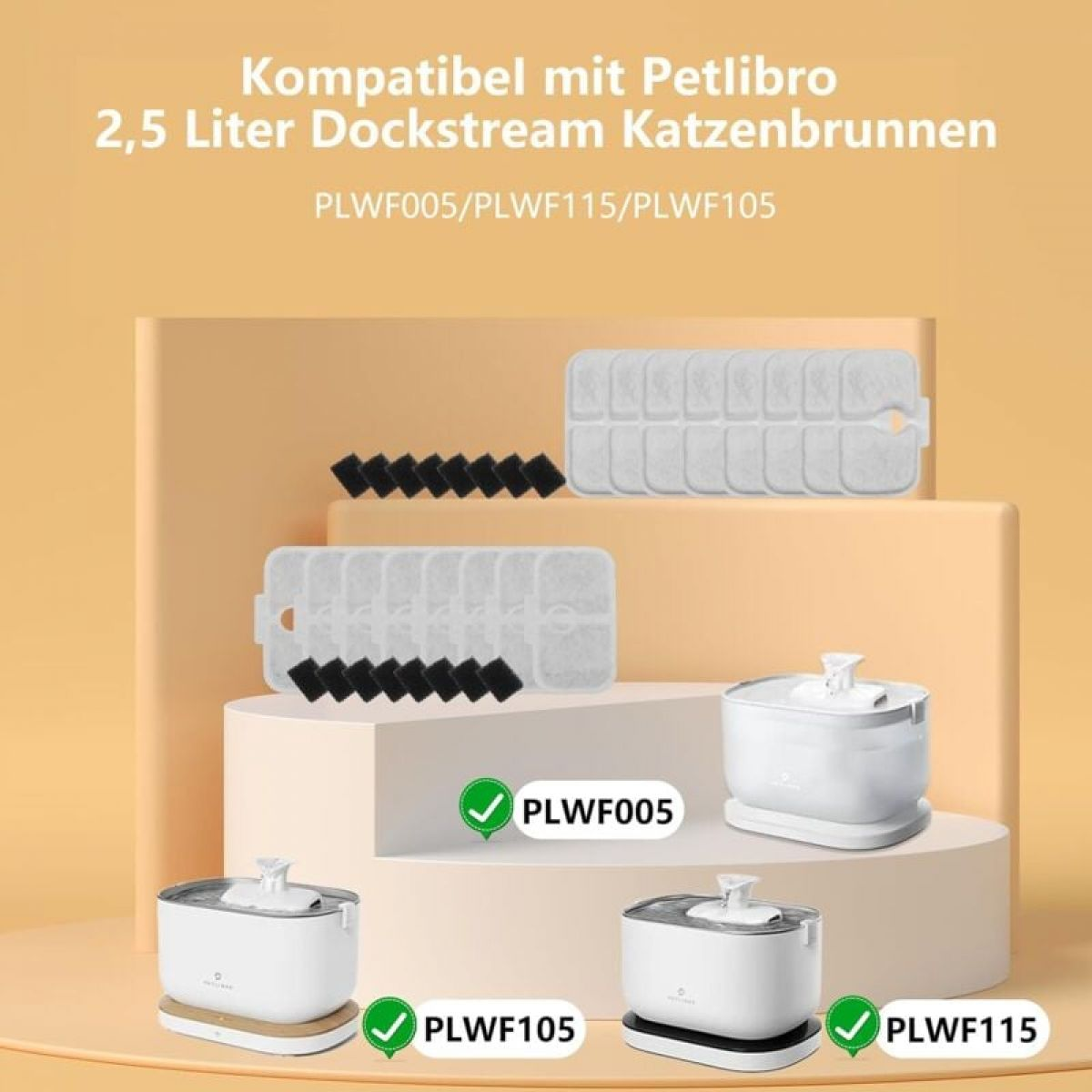 Das Bild zeigt Teile eines Katzenbrunnens. Enthält Filter und drei Springbrunnenmodelle. Text weist auf Kompatibilität mit Petlibro hin.