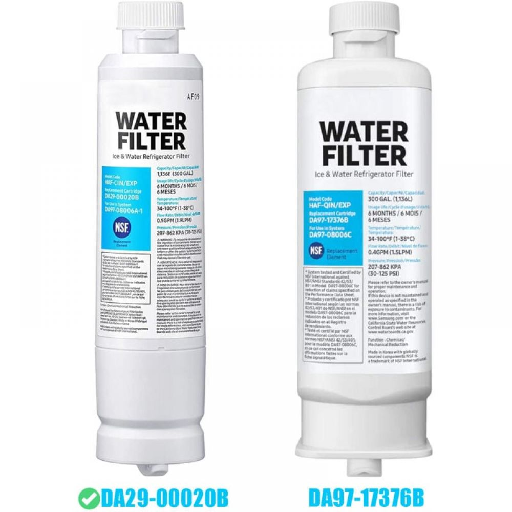 Zwei weiße Wasserfilter, beschriftet mit DA29-00020B und DA97-17376B, zeigen Kapazität, Modell und NSF-Zertifizierung.