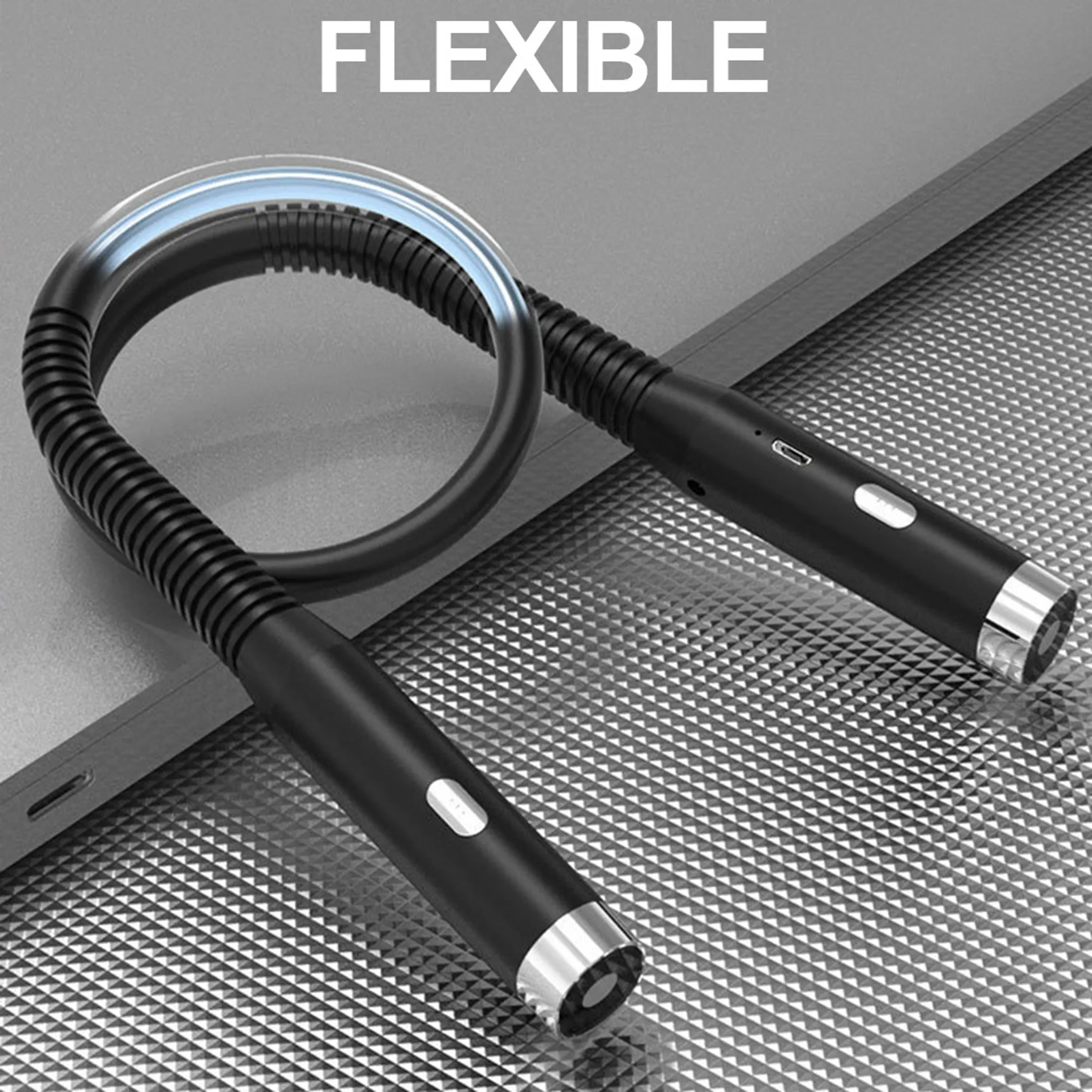 Eine schwarze, flexible LED-Lampe mit biegsamem Hals liegt auf einer strukturierten Oberfläche. Das Wort 'FLEXIBLE' steht oben.