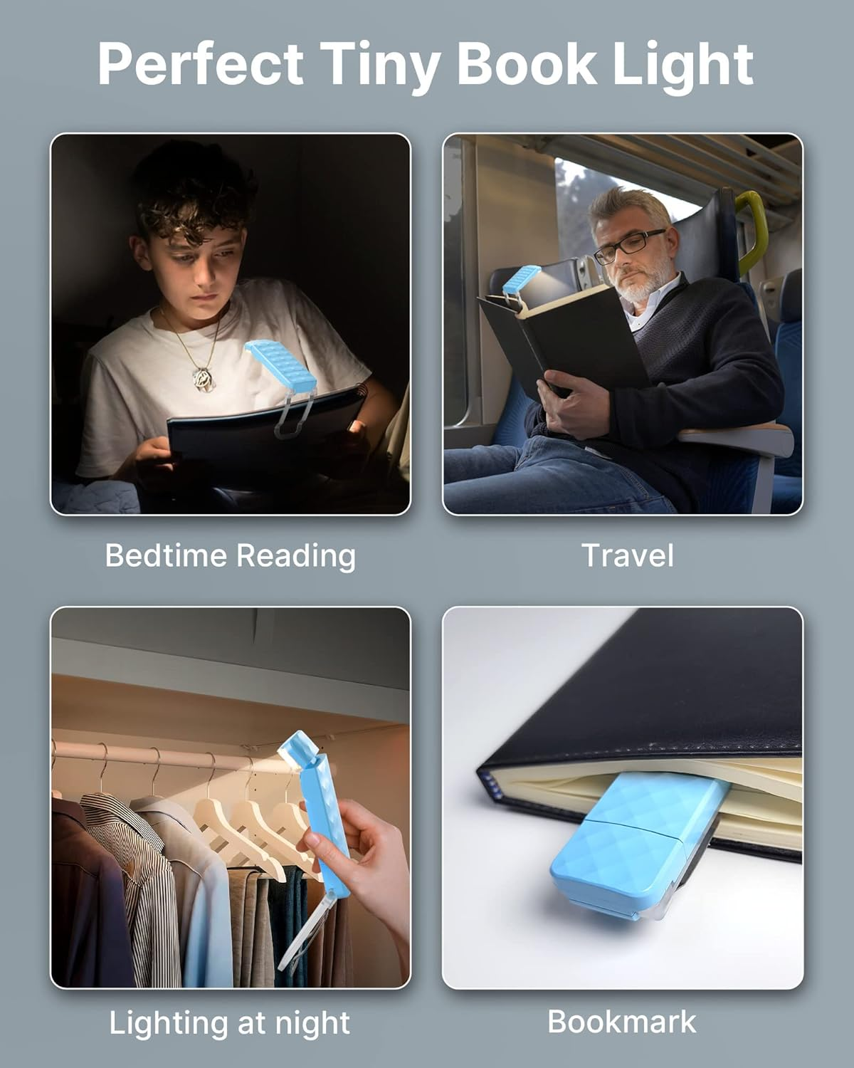 Ein Buchlicht wird im Einsatz gezeigt: beim Lesen im Bett, auf Reisen, bei Nacht und als Lesezeichen. Jede Szene zeigt die Vielseitigkeit des Lichts.