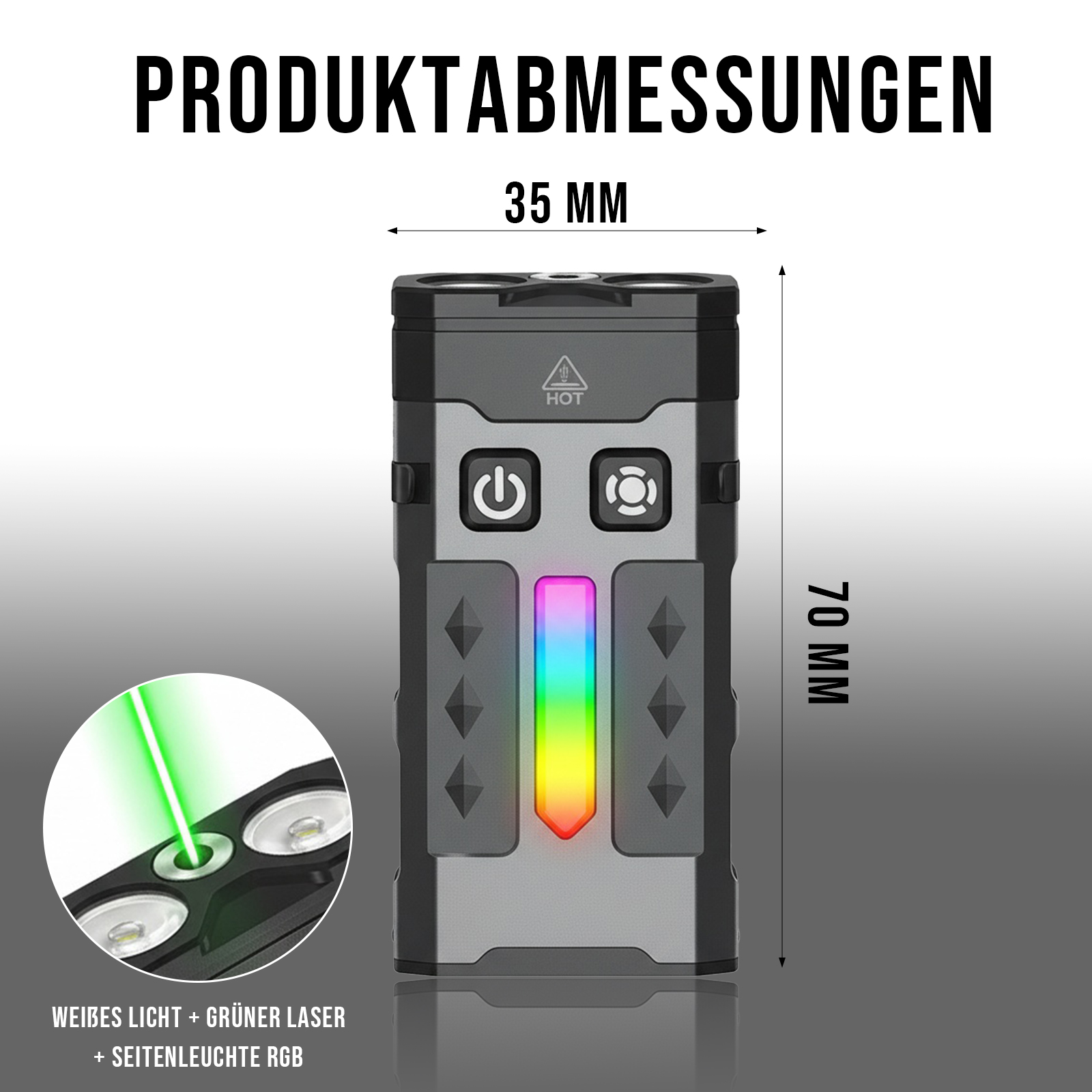 Ein Gerät mit Abmessungen, Knöpfen und einem farbigen Lichtstreifen. Enthält einen grünen Laser und weißes Licht.