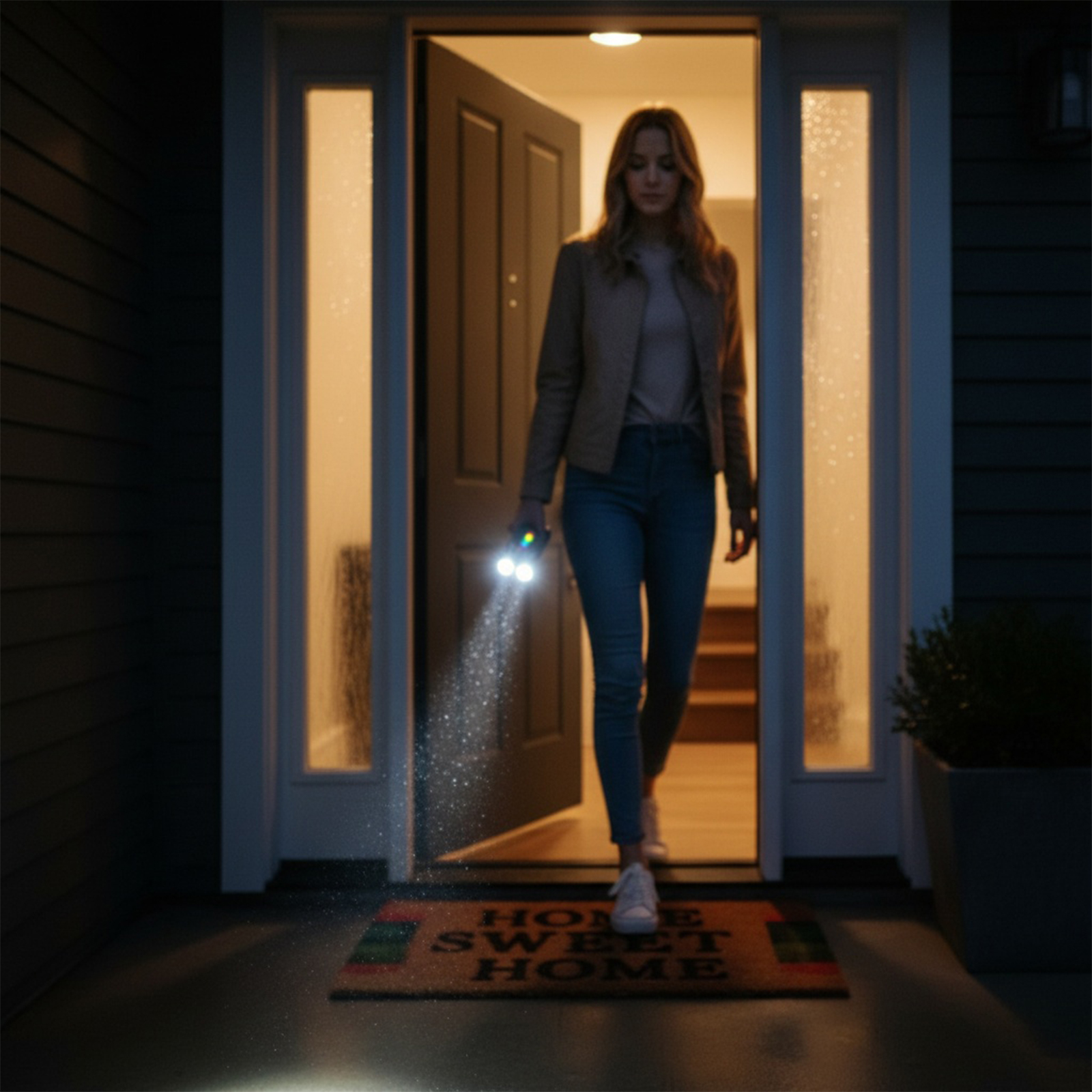 Frau mit Taschenlampe verlässt das Haus. Türrahmen beleuchtet, Stufen sichtbar. Willkommensmatte 'Home Sweet Home'.