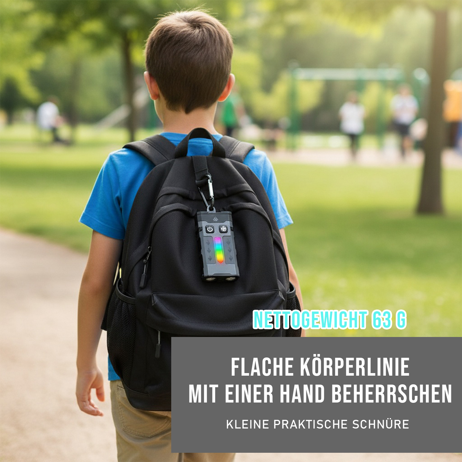 Ein Junge mit blauem Hemd und Rucksack geht in einem Park. Eine Fernbedienung ist am Rucksack befestigt. Text: NETTOGEWICHT 63 G.