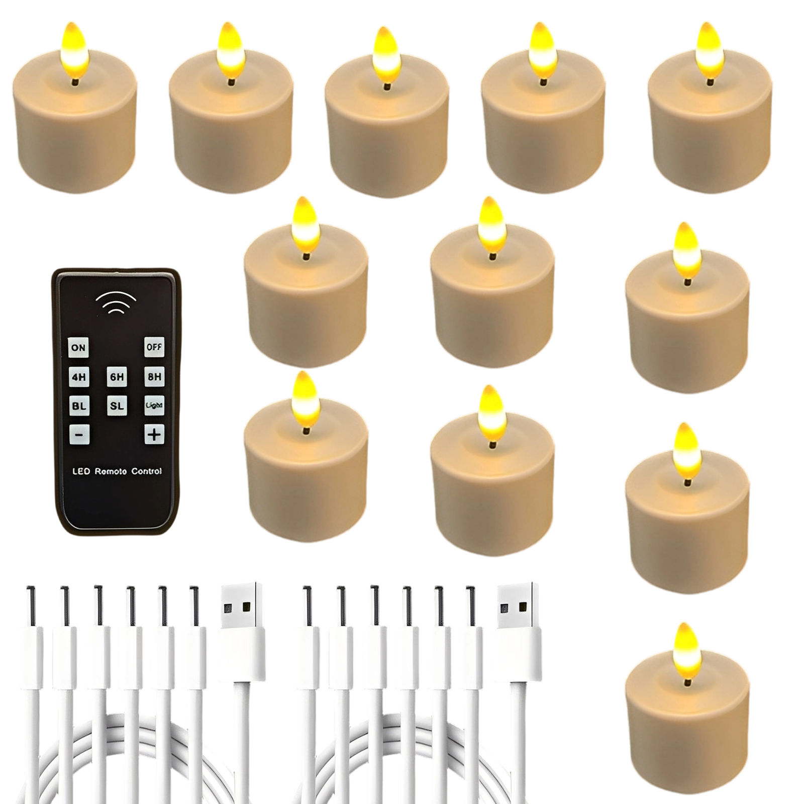 Set aus LED-Kerzen, Fernbedienung und USB-Kabeln auf weißem Hintergrund. Kerzen sind beige mit gelben Flammen.