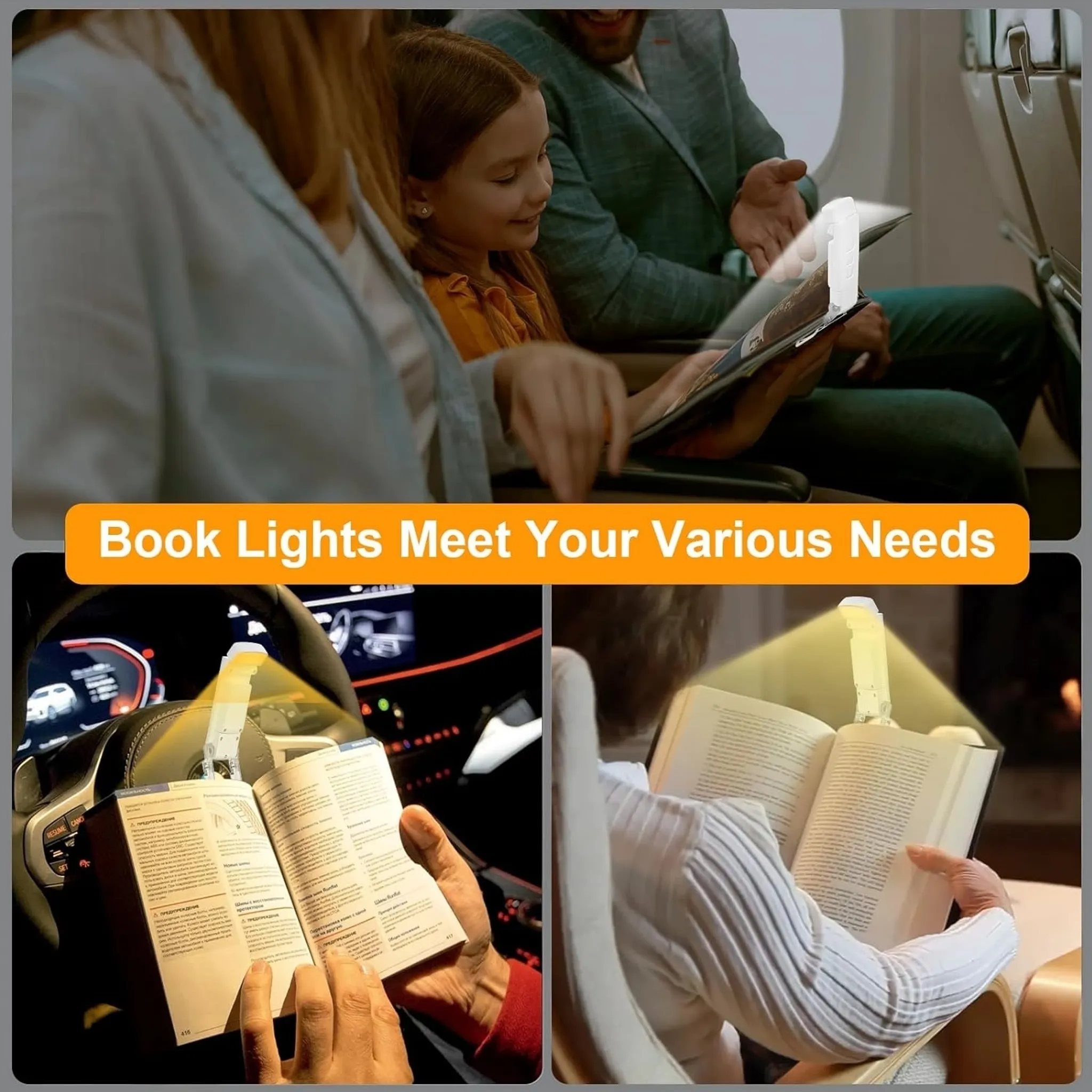 Das Bild zeigt Buchlampen in verschiedenen Umgebungen: Flugzeug, Auto und Zuhause. Menschen lesen mit Hilfe der Lampen Bücher.