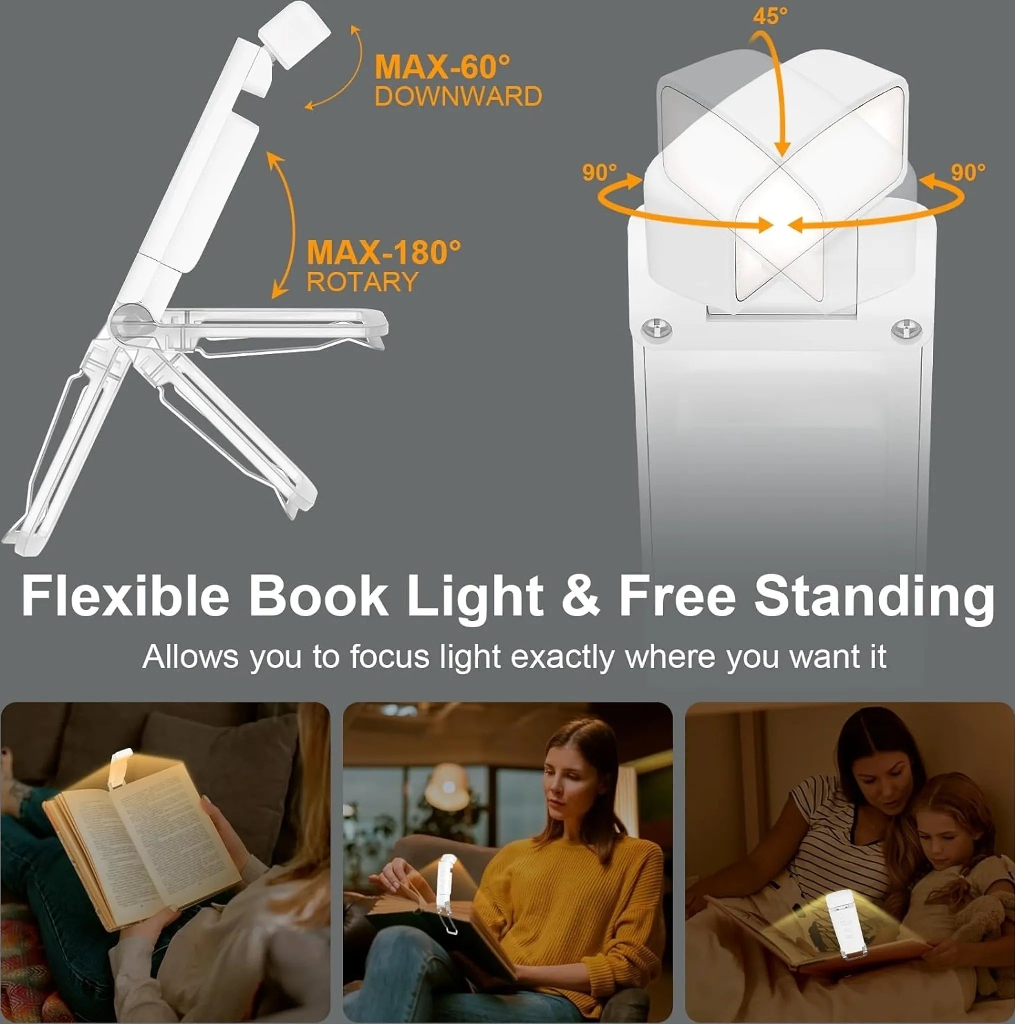 Diagramm einer flexiblen Buchleuchte mit einstellbaren Winkeln. Es zeigt ein Licht, das ein Buch beleuchtet, mit drei Beispielbildern.