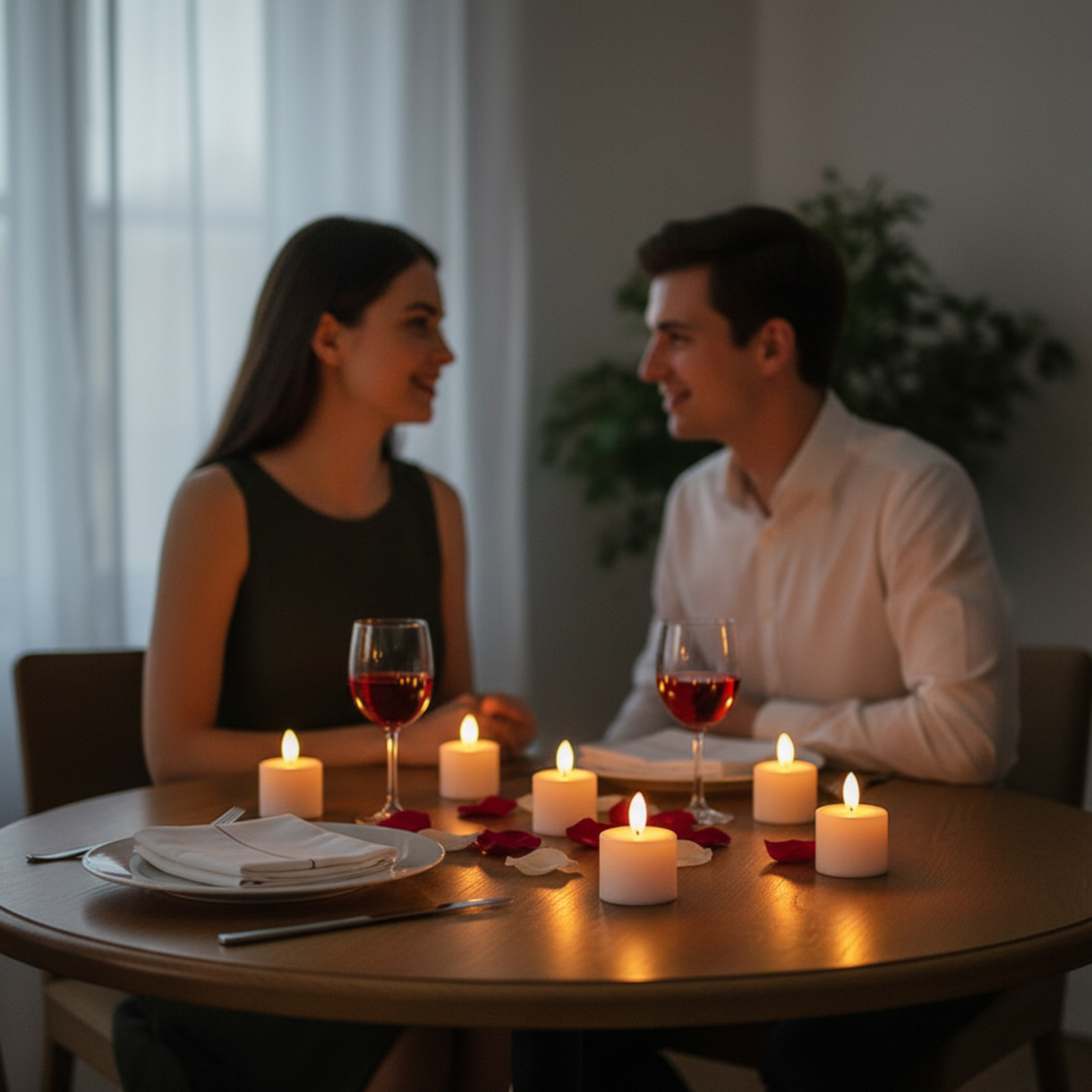 Ein Paar bei einem Candlelight-Dinner. Kerzen, Weingläser und Rosenblätter auf dem Tisch. Sie lächeln sich an.