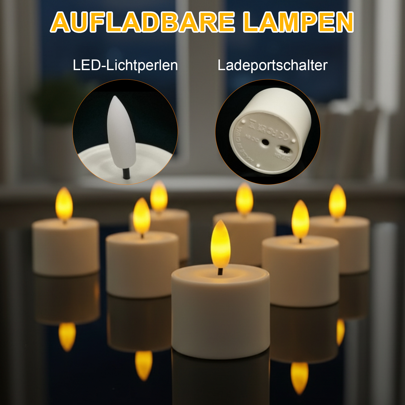Weiße LED-Kerzen mit gelben Flammen, die sich auf einer dunklen Oberfläche spiegeln. Das Bild zeigt auch Produktdetails.