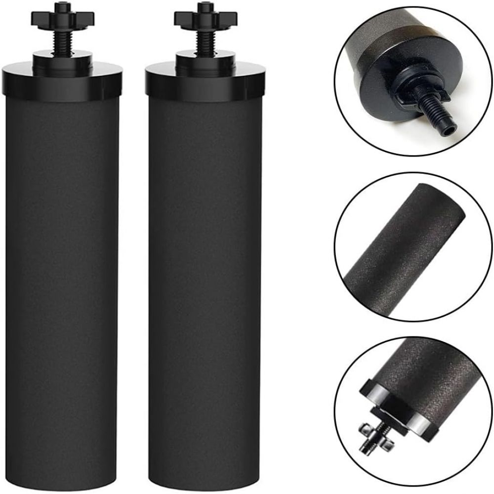 Zwei schwarze zylindrische Wasserfilter mit Schraubverschlüssen. Drei Detailkreise zeigen Teile der Filter.