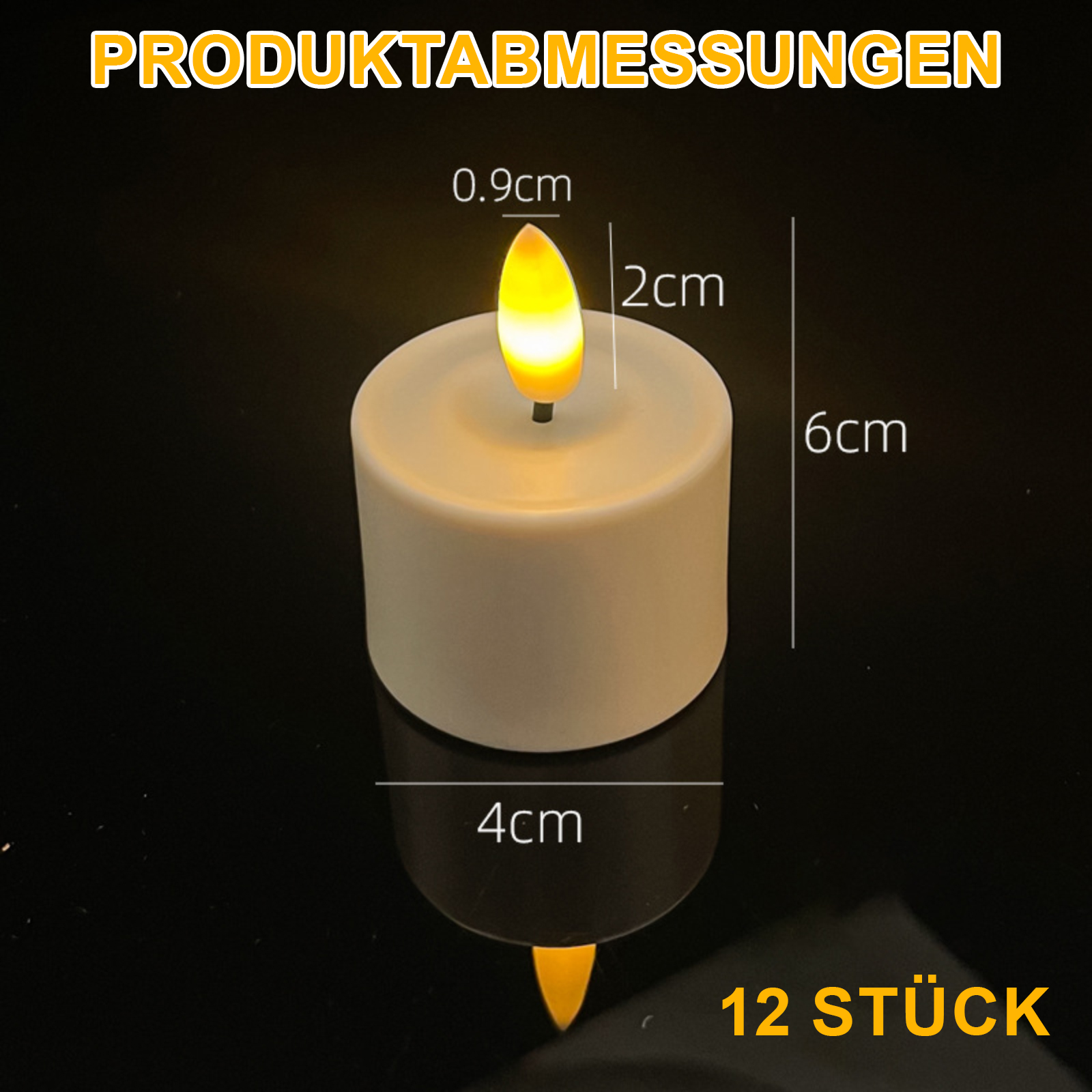 Eine weiße LED-Kerze mit gelber Flamme, Maße beschriftet. Text: Produktabmessungen und 12 Stück.