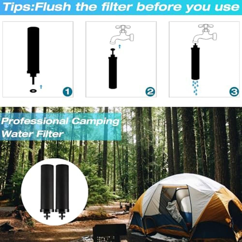 Anweisungen zum Spülen eines Wasserfilters. Im Hintergrund ist ein Zelt zu sehen. Der Filter wird beim Spülen von Wasser gezeigt. Hinter dem Zelt befindet sich ein Wald.