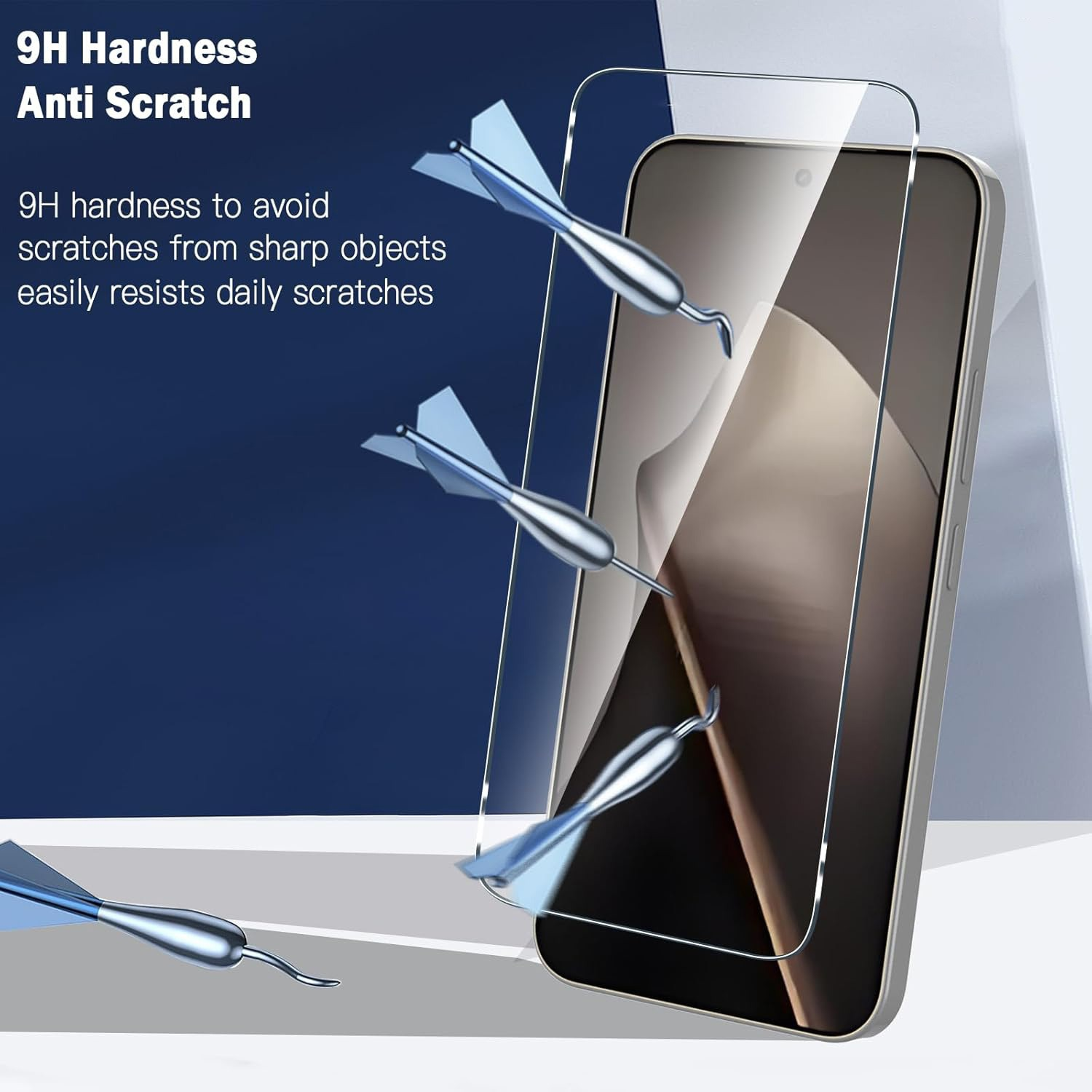Ein Handy-Displayschutz mit Pfeilen, die ihn durchbohren. Der Text lautet '9H Hardness Anti Scratch' und 'resists daily scratches'.