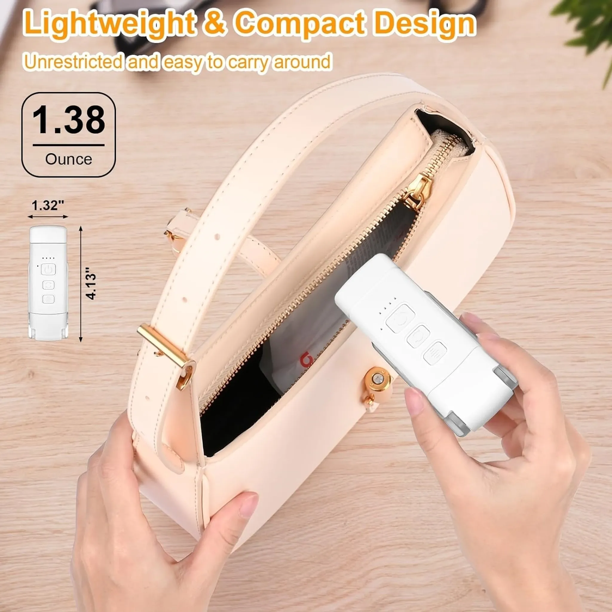 Ein weißes Gerät wird in der Nähe einer rosa Handtasche gehalten. Text weist auf leichtes Design hin. Die Tasche ist offen, mit Reißverschluss.
