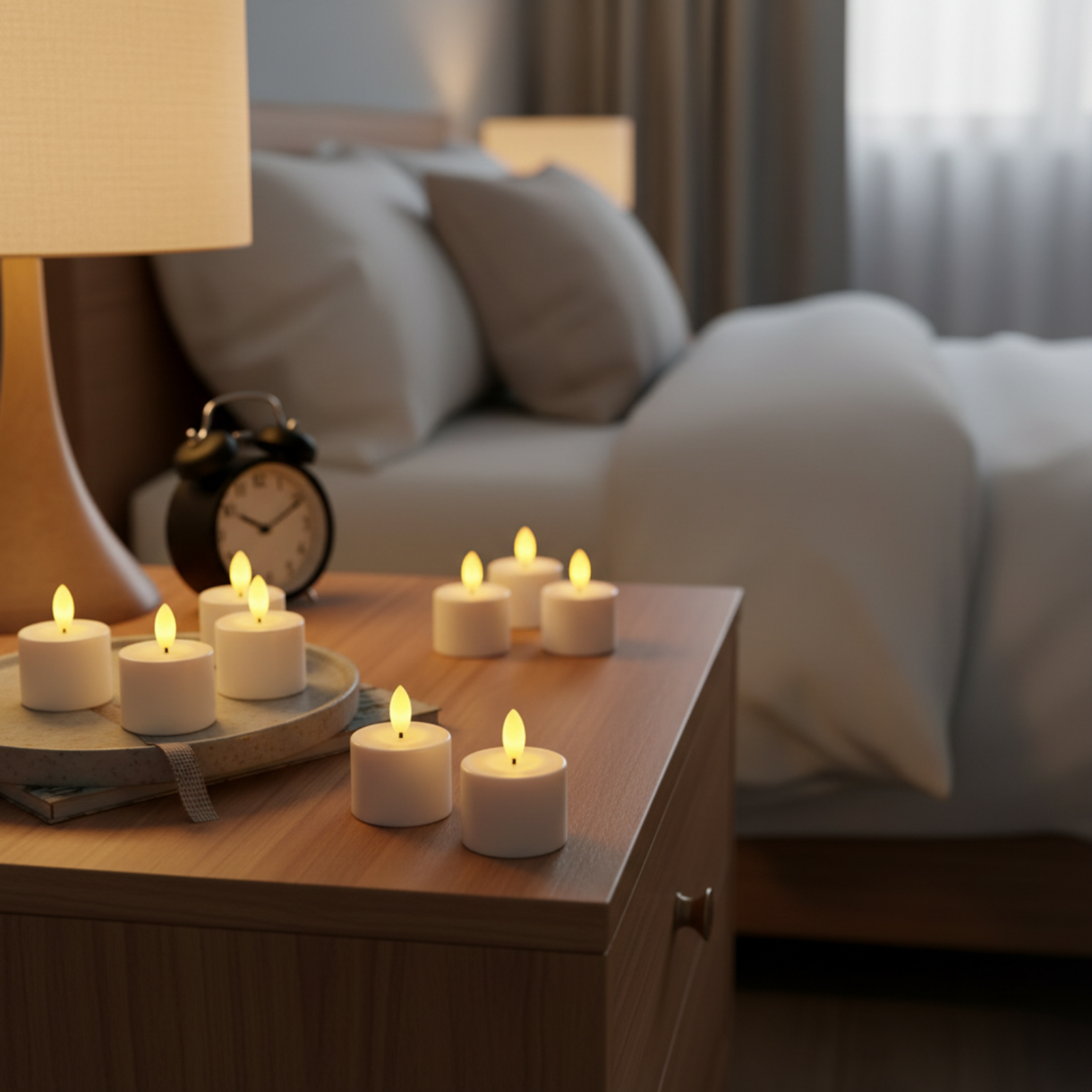 Ein Nachttisch mit Kerzen und einer Lampe. Im Hintergrund ein Bett mit weißer Bettwäsche. Auf dem Tisch steht ein Wecker.