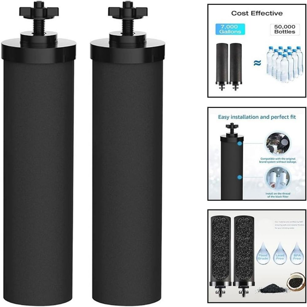 Zwei schwarze Wasserfilter mit einem oberen Knopf, zusammen mit Diagrammen zur Kosteneffizienz und einfachen Installation, mit BPA-freier Kennzeichnung.