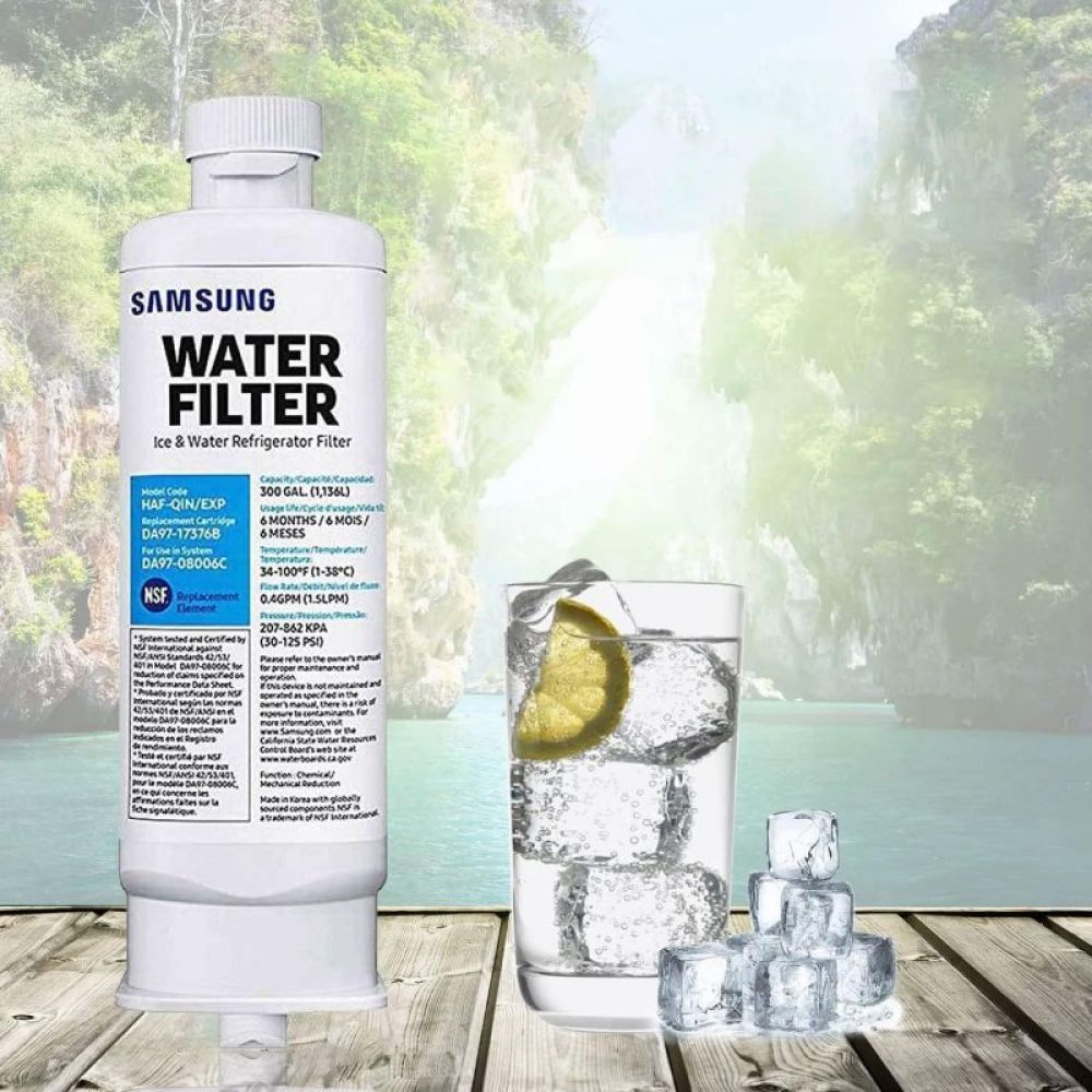 Ein Samsung Wasserfilter und ein Glas Wasser mit Eis und Zitrone stehen auf einer Holzoberfläche.