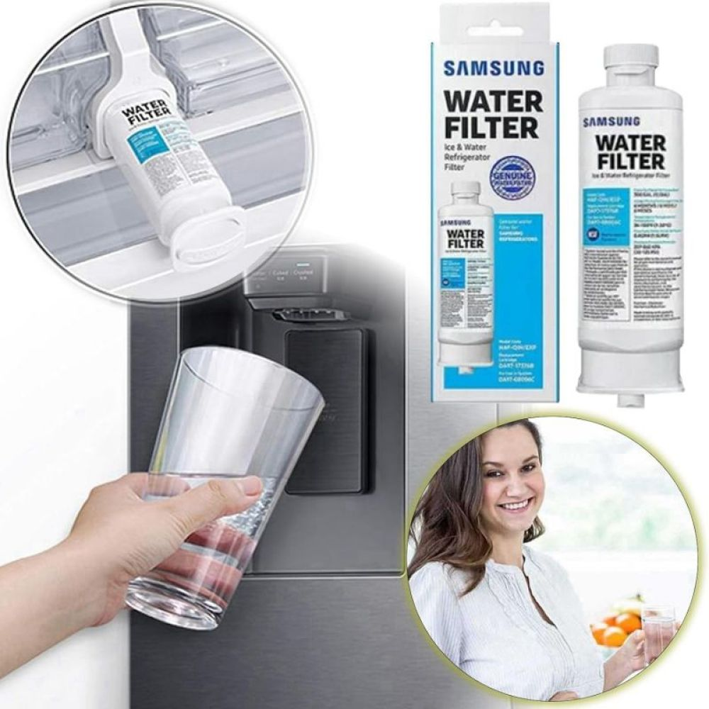 Das Bild zeigt einen Kühlschrank mit Wasserfilter, ein gefülltes Glas, eine lächelnde Frau mit einem Glas und Produktverpackungen.